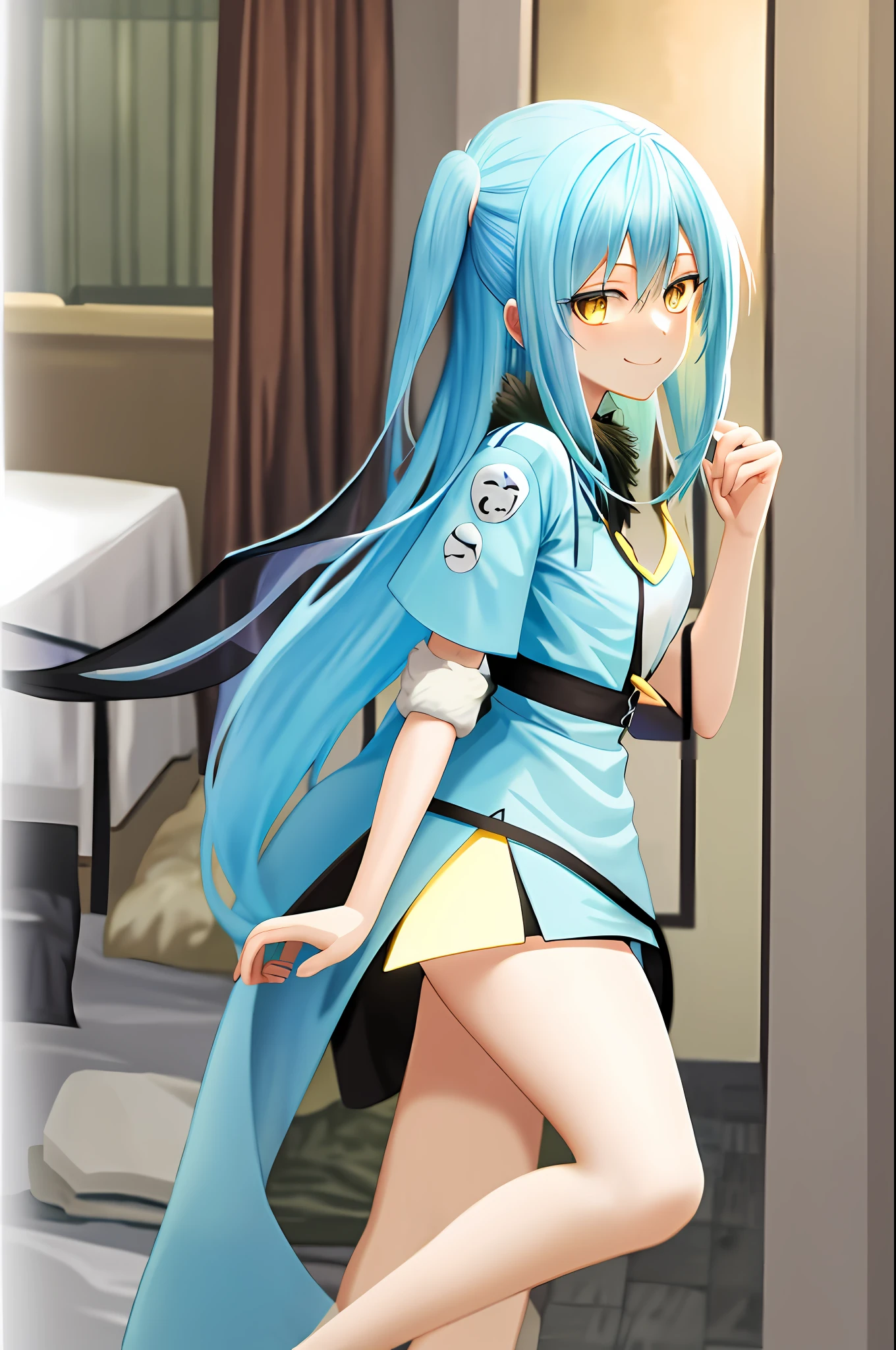 upper body, indoor, bed, sit, (rimuru tempest), 1 girl, rimuru girl, night dress, skirt, medium breast, smile face, hand on chest, stocking, 1girl,
