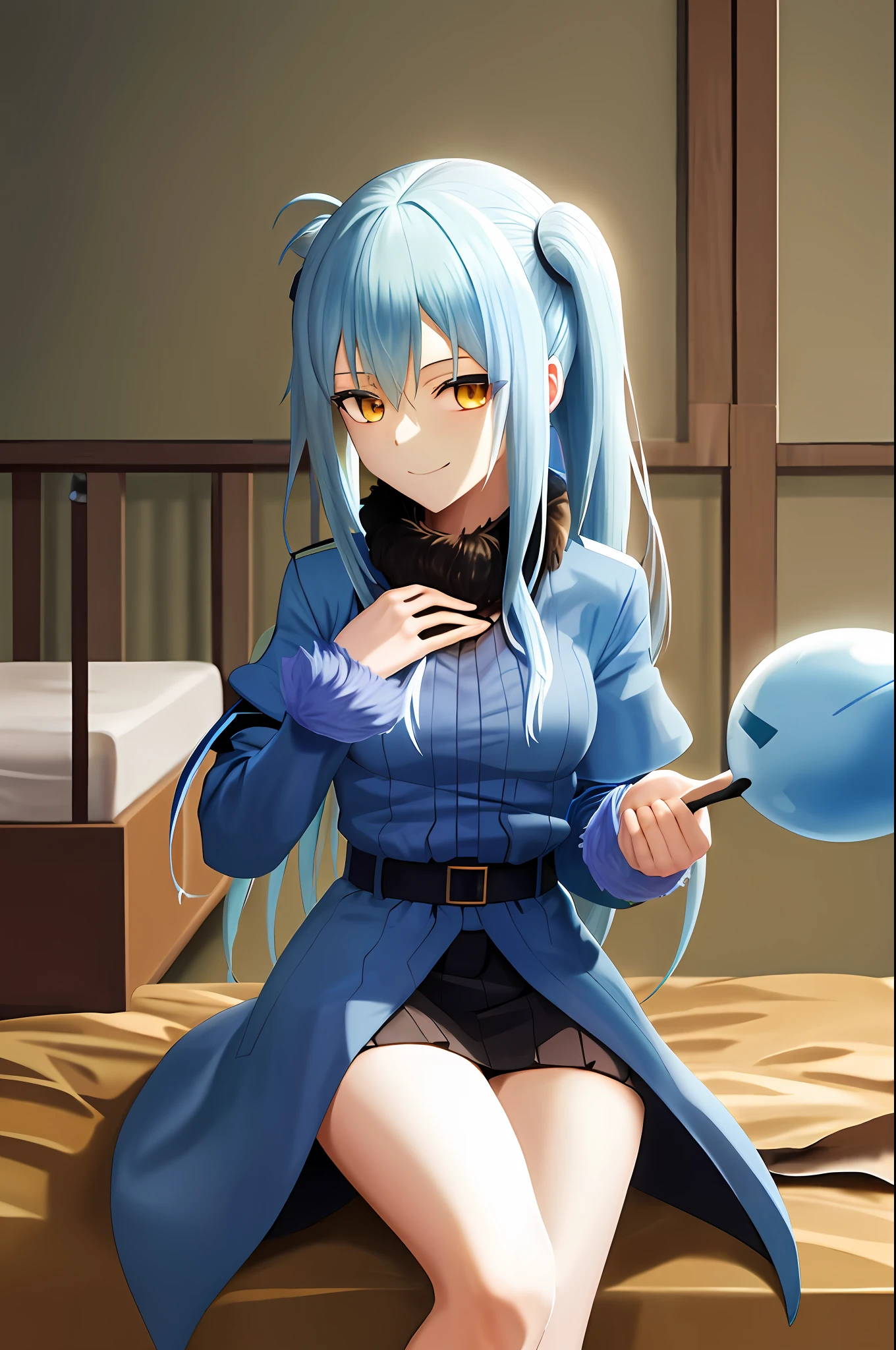 upper body, indoor, bed, sit, (rimuru tempest), 1 girl, rimuru girl, night dress, skirt, medium breast, smile face, hand on chest, stocking, 1girl,