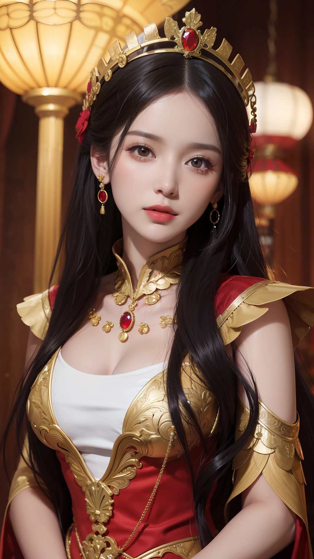 1 beautiful princess, In the Dark: 1.6), surreal female portrait by David Hockney and Alphonse Mucha, fantasy art, korea doll, photorealism, dynamic lighting, artstation, poster, volumetric lighting, very detailed faces, 8k ultra, all body, Awarded, in the dark, deep shadow, low key, cowboy lens, (Red phoenix dress: 1.4), long hair, black hair, bust, luxurious palace, Royal style, Princess crown, Big round black eyes, style Royal, The most beautiful face, big and regular breasts, Super realistic, chinese women's clothing, polo neck sweater, Charming smile, The eyes are very well made up,