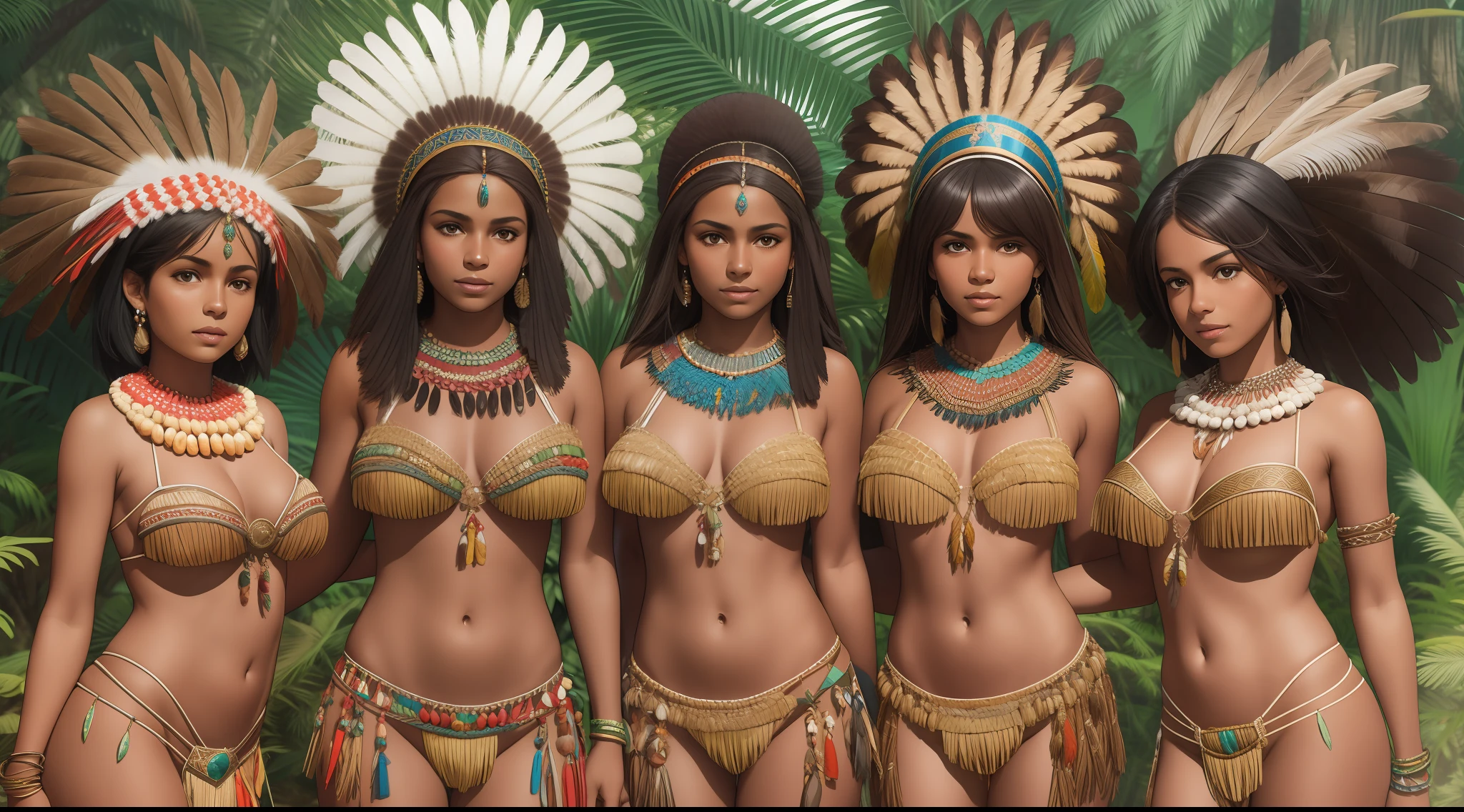 Realistic portrait of a group of native Brazilians, composed of several dark brunette Brazilian natives with beautiful breasts partially covered by shell necklaces dressed with small feather thongs covering the groin, feathered coinches on the head along with several dark brown-skinned men having no hair on their faces in feather thongs, covering the groin with bare chest, Short hair with feathered headdresses on her head next to several children, Brazilian natives of dark brown color in the middle of a forest full of animals among the trees --auto --s2