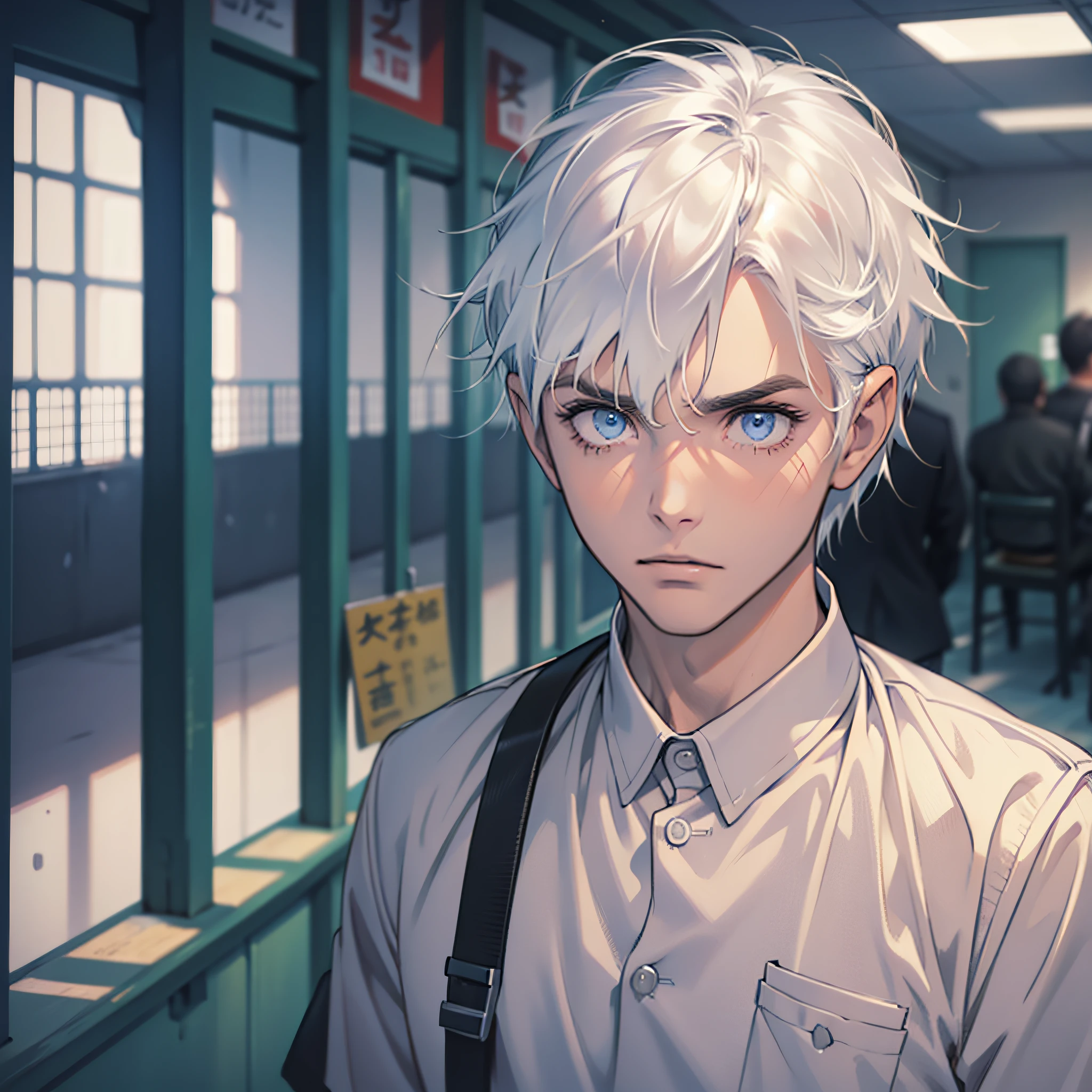 Man, short white hair, fine eyes, prison uniform, inside the prison, standing, looking at the audience, puzzled expression