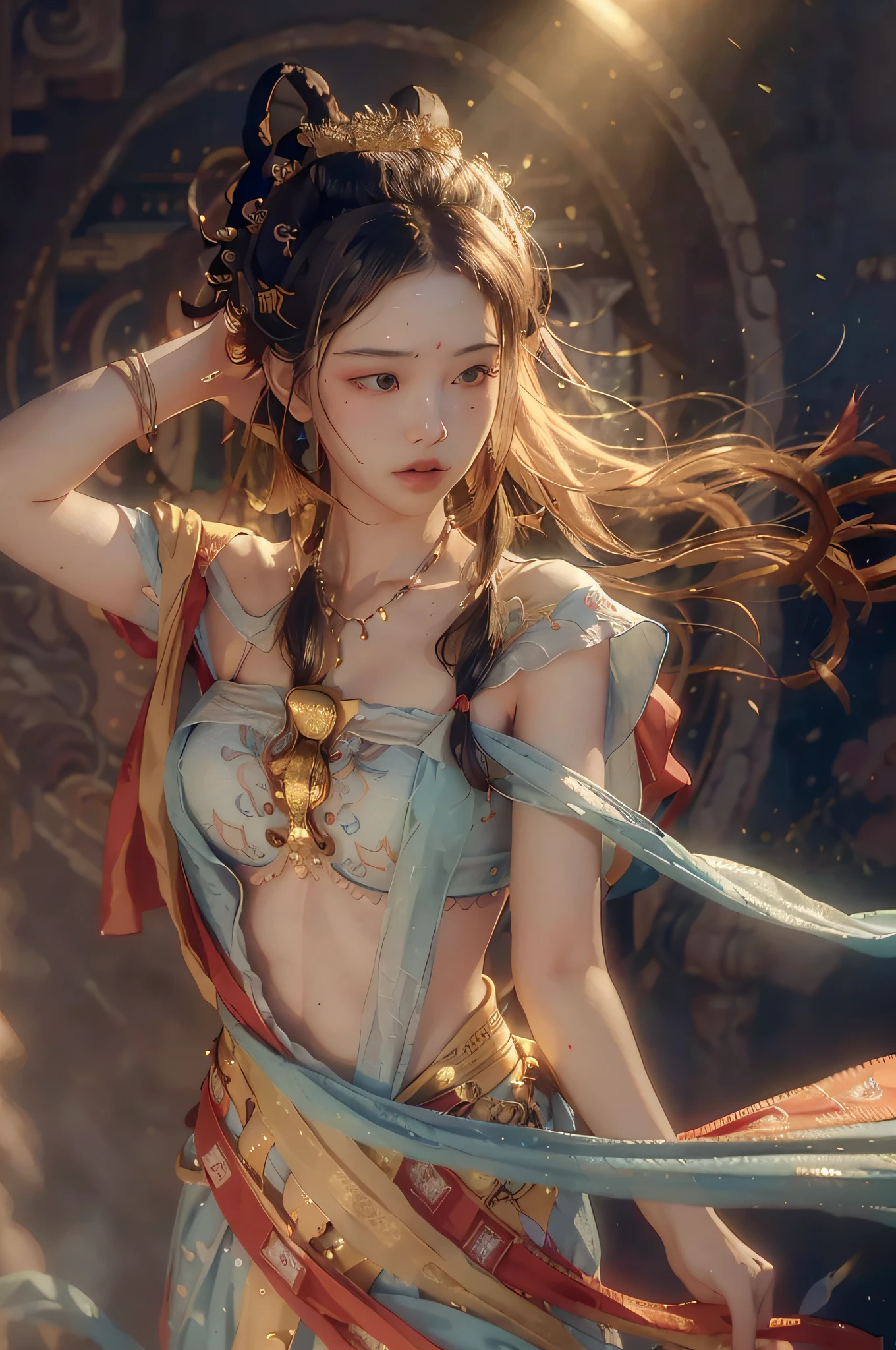(RAW photo, best quality), (realistic, photo-realistic:1.3),best quality,highly detailed,masterpiece,ultra-detailed,illustration,1girl,upper_body,dynamic angle,world masterpiece theater,messy_long_hair,best quality,extremely detailed CG unity 8k wallpaper,ink,Amazing,cinematic lighting,lens_flare,,dunhuang_style