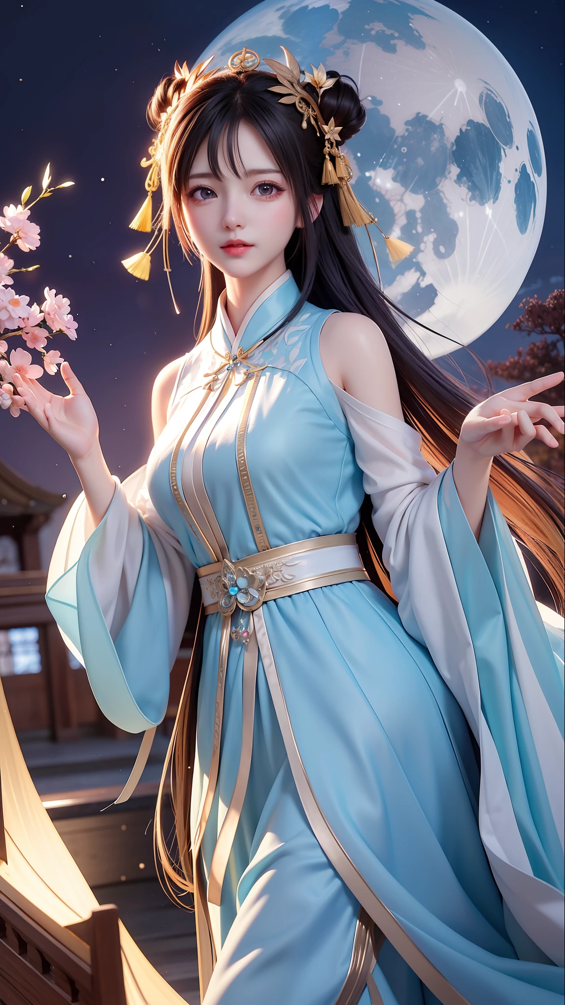 (8k, RAW photo:1.2), best quality, ultra high res,dramatic angle,(fluttered detailed color splashs), (illustration),(((1 girl))),(long hair),(rain:0.9), (头饰:1.4),少女身边有一座古宫,汉服,(重点),彩色水墨画,(泼彩),泼彩,(((colorful))),(素描:0.8) , Masterpiece, best quality, beautiful painted, highly detailed,(denoising:0.6),[splash ink],((ink refraction)), (beautiful detailed sky),moon,highly,detaild,(masterpiece, best quality, extremely detailed） CG unity 8k壁纸，杰作，最好的质量，超详细），（石蒜），海边