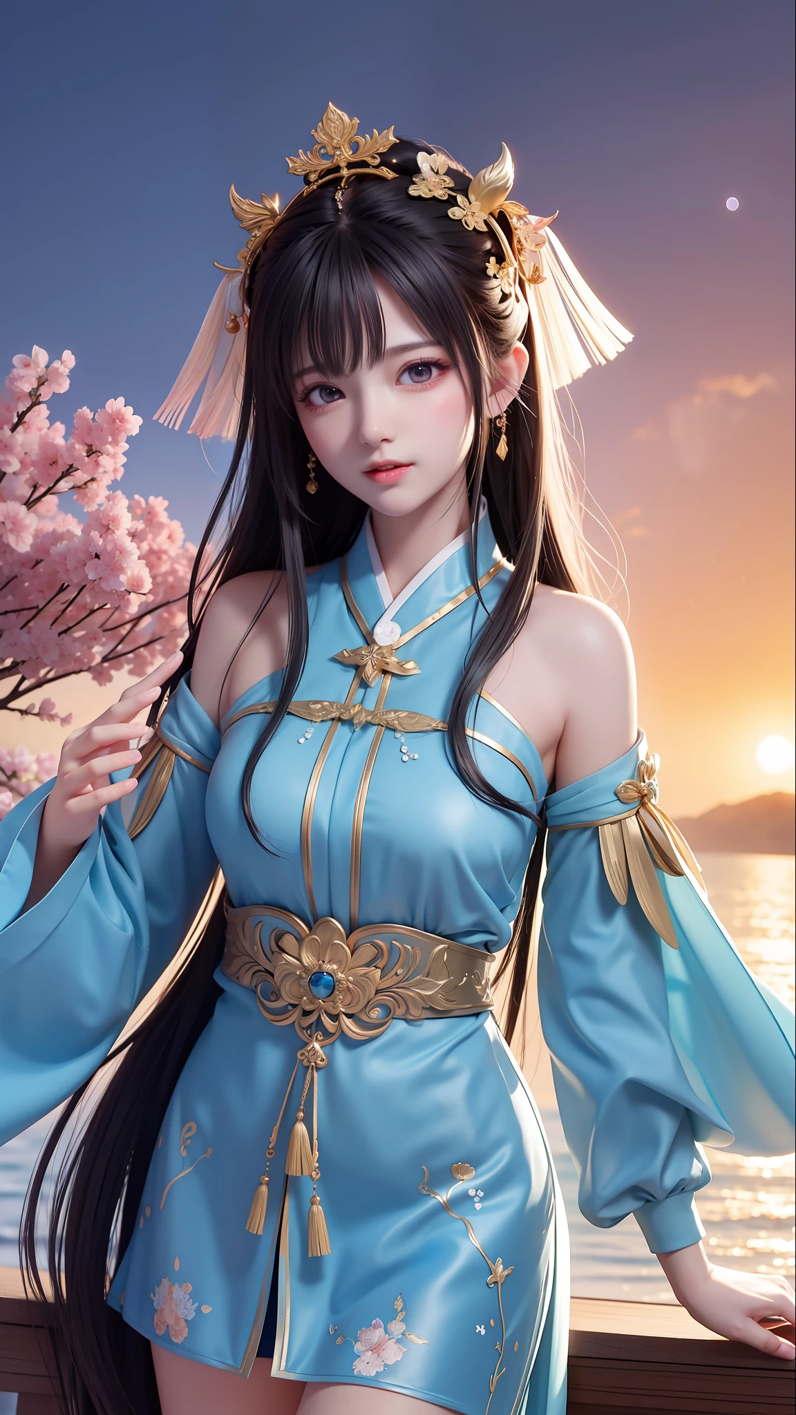 (8k, RAW photo:1.2), best quality, ultra high res,dramatic angle,(fluttered detailed color splashs), (illustration),(((1 girl))),(long hair),(rain:0.9), (头饰:1.4),少女身边有一座古宫,汉服,(重点),彩色水墨画,(泼彩),泼彩,(((colorful))),(素描:0.8) , Masterpiece, best quality, beautiful painted, highly detailed,(denoising:0.6),[splash ink],((ink refraction)), (beautiful detailed sky),moon,highly,detaild,(masterpiece, best quality, extremely detailed） CG unity 8k壁纸，杰作，最好的质量，超详细），（石蒜），海边