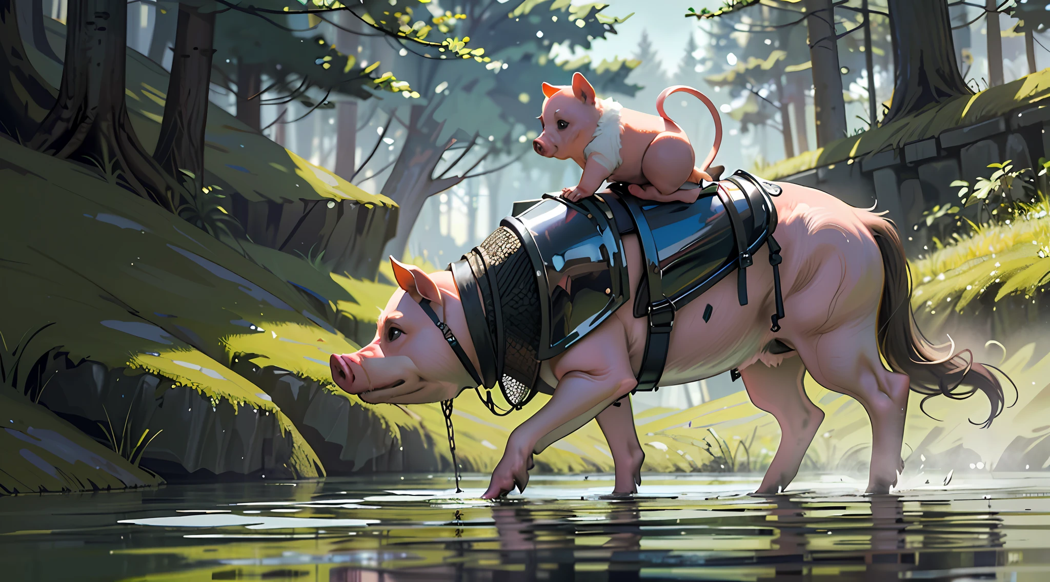 (Best Quality, Masterpiece: 1.3), 1pig, Forest, Side View, Moe Pig, Wide Angle, Focus Forest, Pond, Pig in Medieval Armor, Don't Anyone