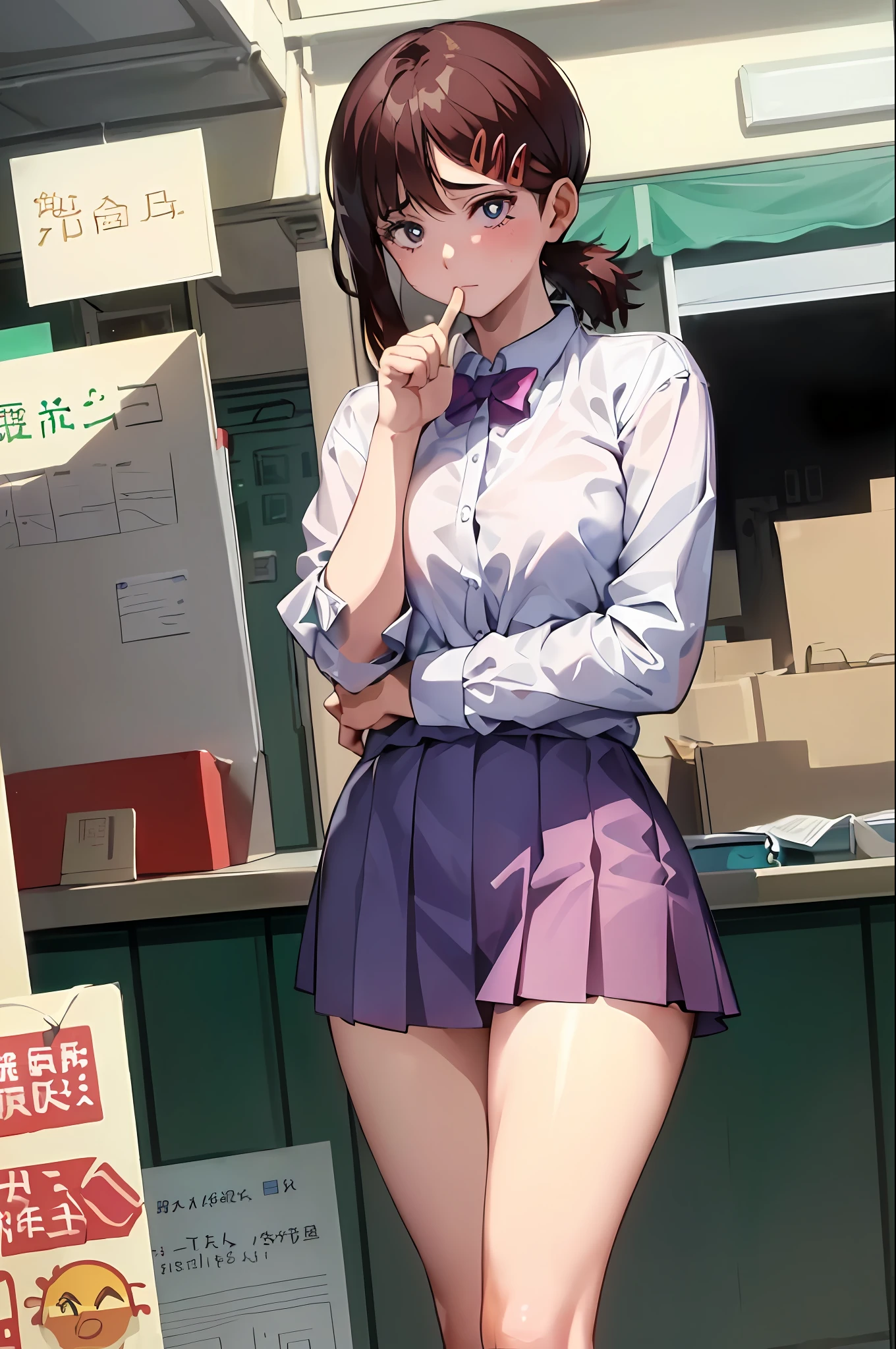 ((masterpiece)),(((best quality)), illustration, 1 girl, hair color, hairpin, bangs,showing thighs, eyes, surroundings Scene change, hairstyle fax, Zitai pose, woman, office girl,miniskirt, (single background, white background: 1.3)