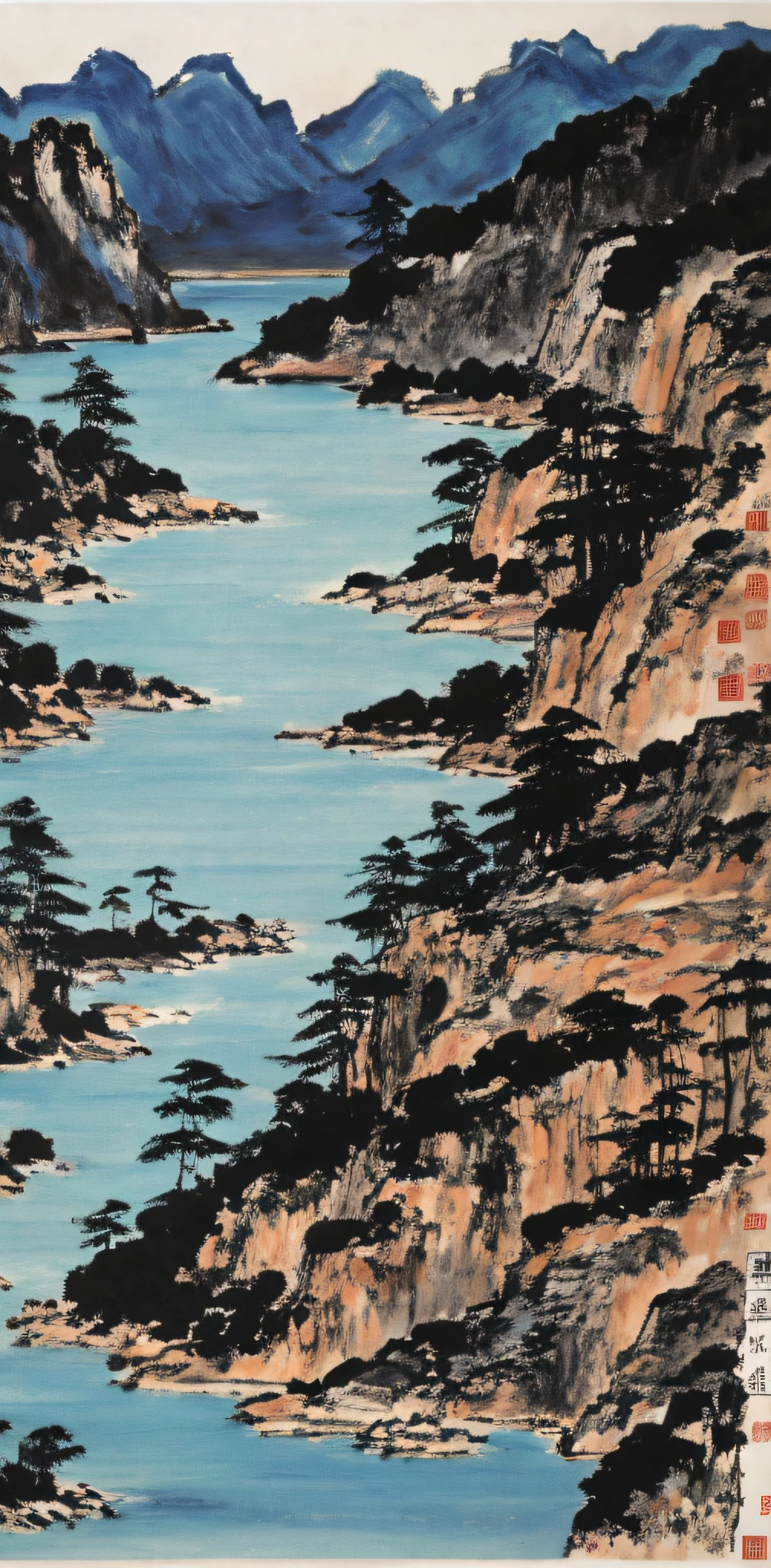 painting of a cabin in a valley with a river running through it, by Gigadō Ashiyuki, by Tōshi Yoshida, by Unkoku Togan, by Gusukuma Seihō, inspired by Katsushika Ōi, by Chizuko Yoshida, by Ryūsei Kishida