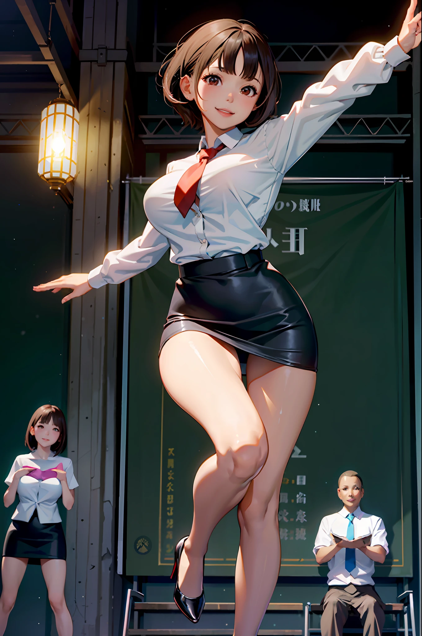 Masterpiece, best quality, 1 girl, young girl, brown eyes, short hair, happy smile, shiny skin, (beautiful leg line: 1.3), thin waist, huge breasts
break
School uniform, tie, (pencil skirt), high heels
break
Park, crowd, depth of field, looking at the audience, crouching, from the front, upper body, legs up