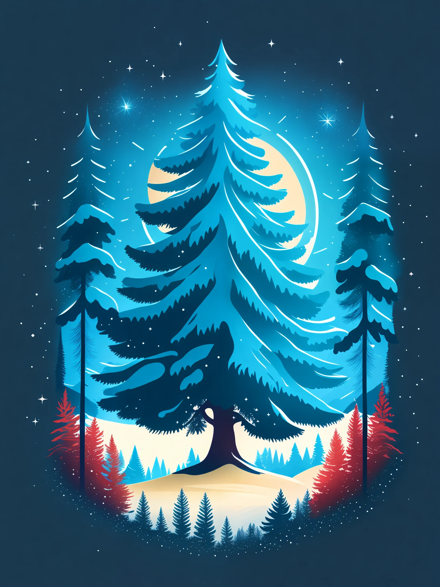 A spruce tree in a winter landscape, t-shirt design, rzminjourney, vector art