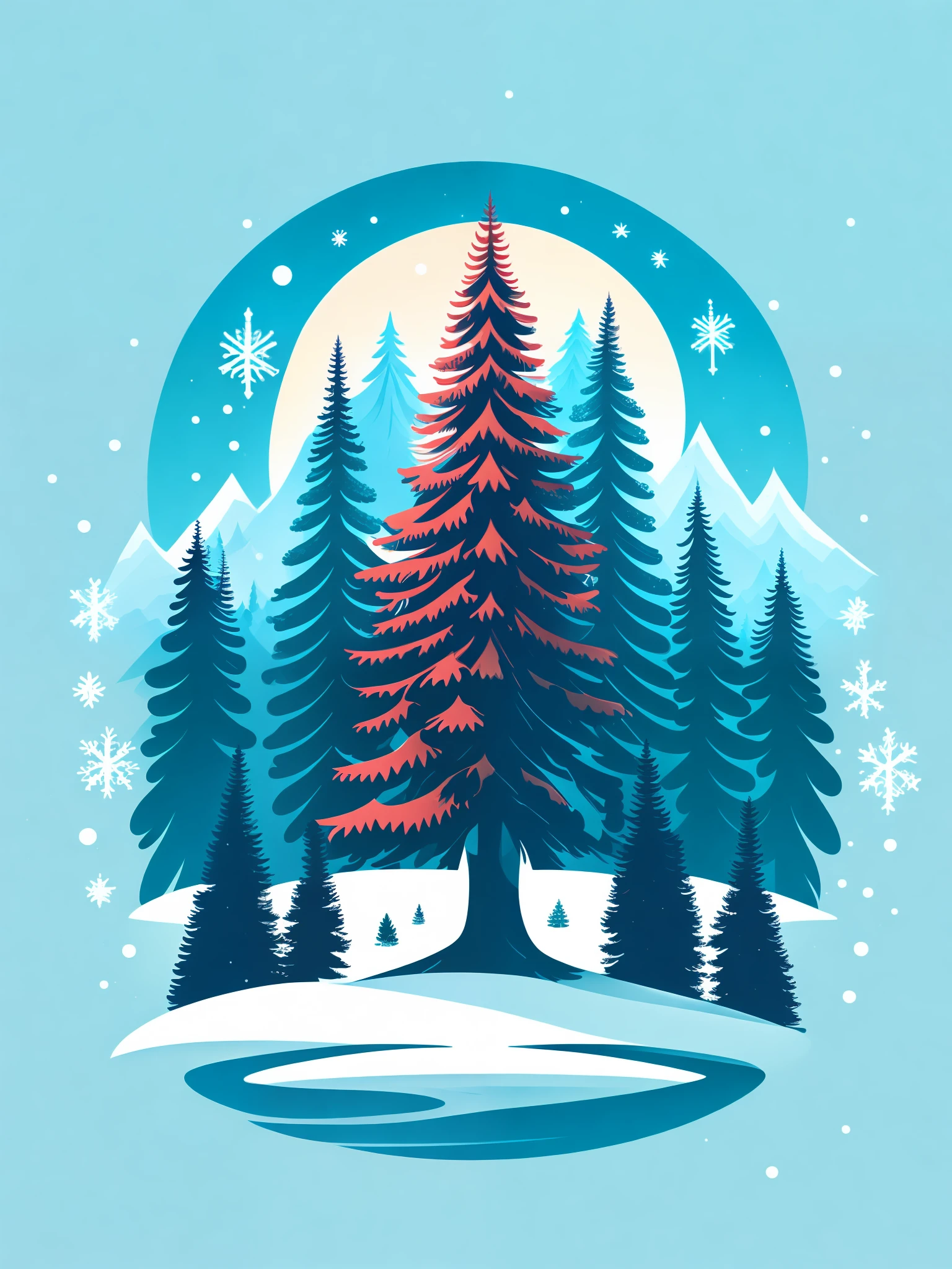 A spruce tree in a winter landscape, t-shirt design, rzminjourney, vector art