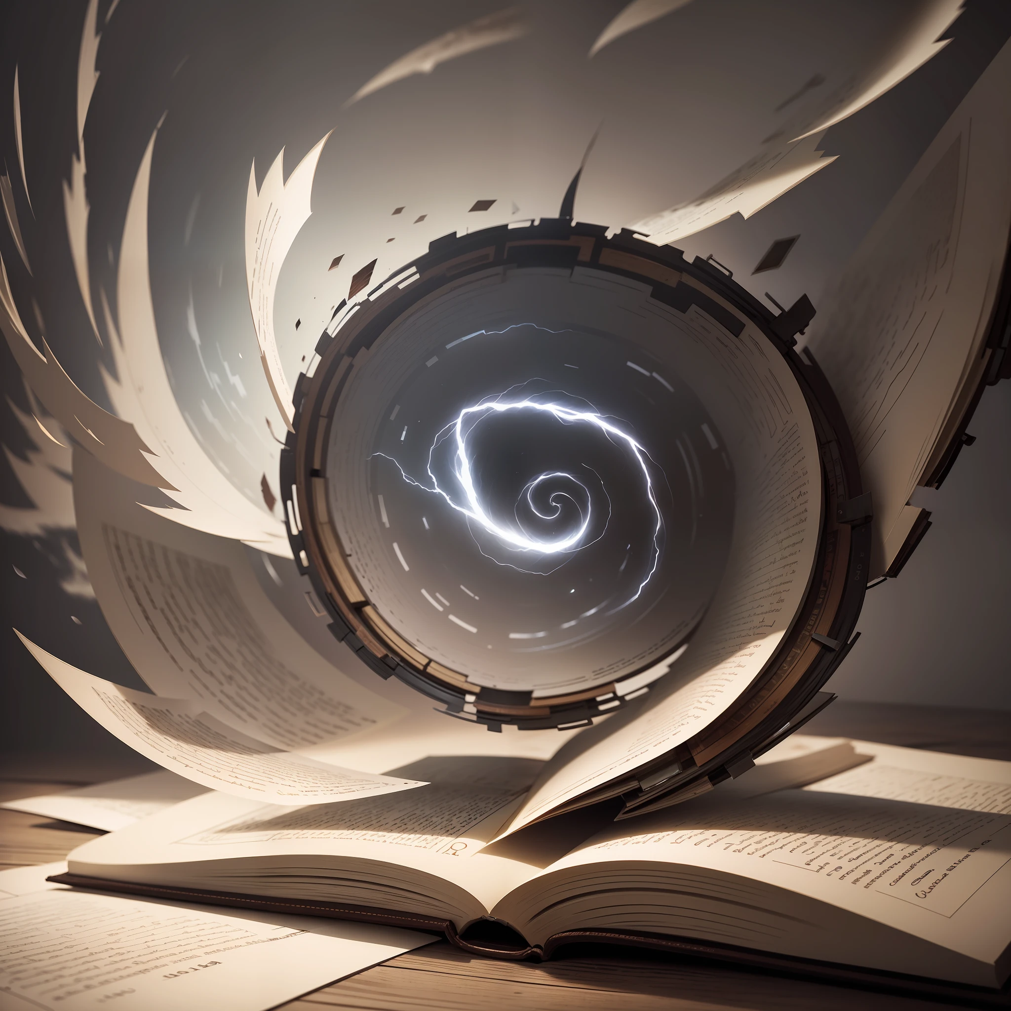 an open book sitting on a table with a storm tornado whirlwind of letters coming out of it, photorealistic, cinematic