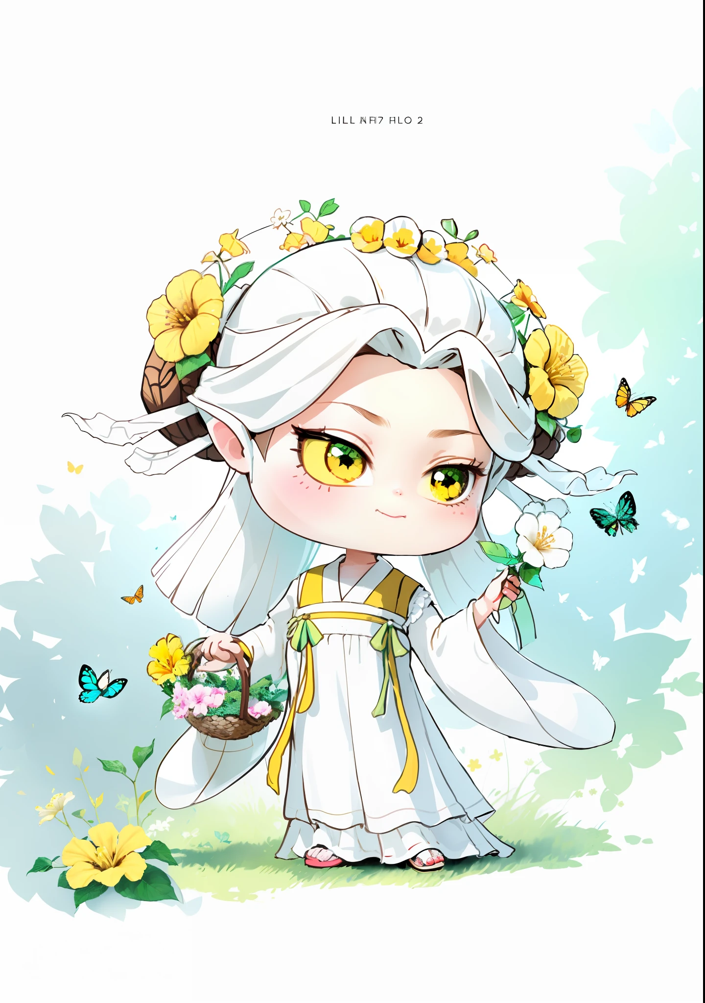 A cute girl with dark brown hair, holding a flower basket in one hand, holding a white hibiscus flower in the other hand, there is a butterfly next to it, white hibiscus flowers on both sides of the hair, some metal flower headdress, yellow skirt, sleeves and shoulders of the dress are light green, the scene has two butterflies playing, the color block is bright, the color is bright, the line art, infinite details, fine painting, beautifully depicted, blank background