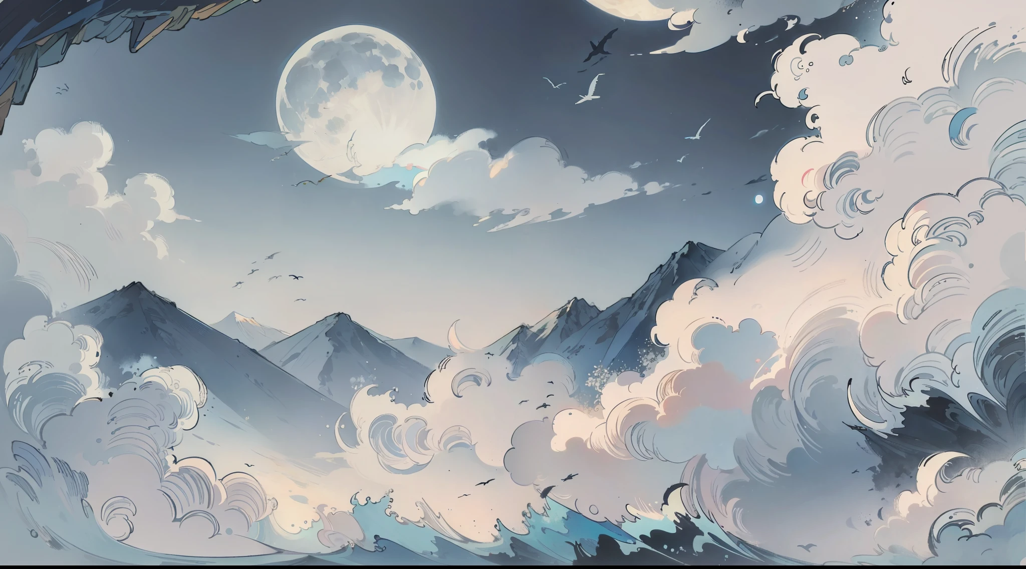 Mountains and seas, birds, full moon, white clouds,