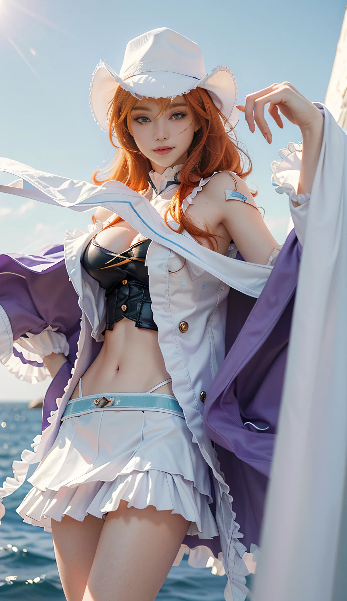 ((Best Quality, 8K, Masterpiece :1.3)), Full Body, Long Legs, Sharp Focus :1.2, A Beautiful Woman with Perfect Body :1.4, Slim Abs :1.1, ((Orange Hair, Huge Breasts :1.2)), (White Coat, Purple Bandeau, Purple Short Skirt, White Hat), Highly Detailed Face and Skin Texture, Brown Eyes, Beautiful Delicate Eyes, Double Eyelids, Smile, Standing by the Sea, Clear Sky, Professional Lighting, Photon Mapping, Light Energy Transfer, Physically based rendering, (Pale Skin: 1.2), looking at the viewer, brightened, shot in front of the light, the sun in front