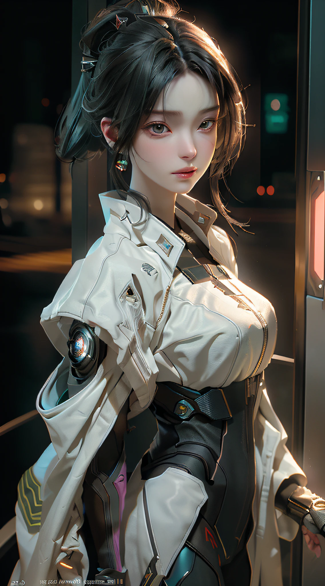 ((Best quality)), ((masterpiece)), (detailed:1.4), 3D, an image of a beautiful cyberpunk female,HDR (High Dynamic Range),Ray Tracing,NVIDIA RTX,Super-Resolution,Unreal 5,Subsurface scattering,PBR Texturing,Post-processing,Anisotropic Filtering,Depth-of-field,Maximum clarity and sharpness,Multi-layered textures,Albedo and Specular maps,Surface shading,Accurate simulation of light-material interaction,Perfect proportions,Octane Render,Two-tone lighting,Wide aperture,Low ISO,White balance,Rule of thirds,8K RAW,