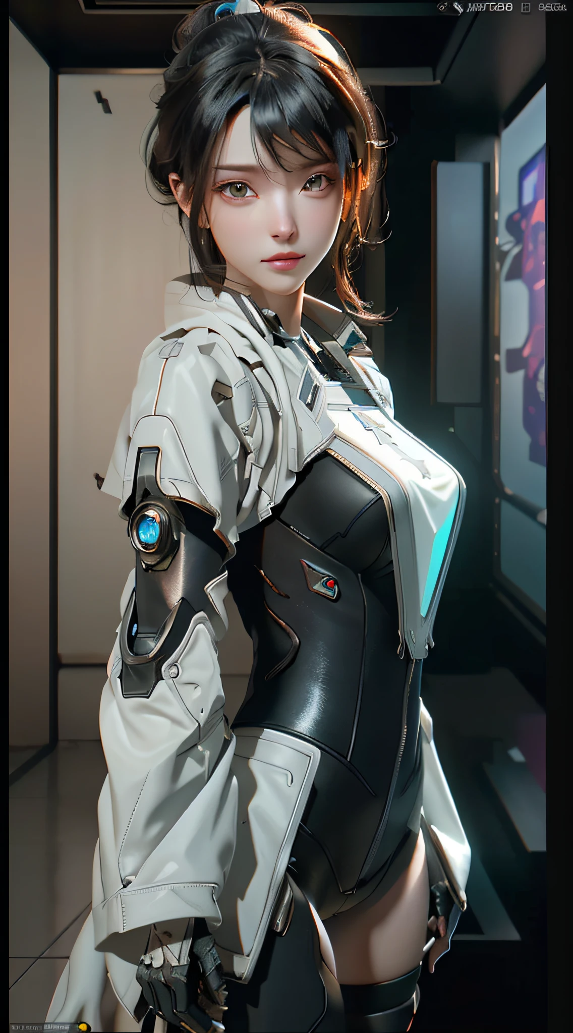 ((Best quality)), ((masterpiece)), (detailed:1.4), 3D, an image of a beautiful cyberpunk female,HDR (High Dynamic Range),Ray Tracing,NVIDIA RTX,Super-Resolution,Unreal 5,Subsurface scattering,PBR Texturing,Post-processing,Anisotropic Filtering,Depth-of-field,Maximum clarity and sharpness,Multi-layered textures,Albedo and Specular maps,Surface shading,Accurate simulation of light-material interaction,Perfect proportions,Octane Render,Two-tone lighting,Wide aperture,Low ISO,White balance,Rule of thirds,8K RAW,