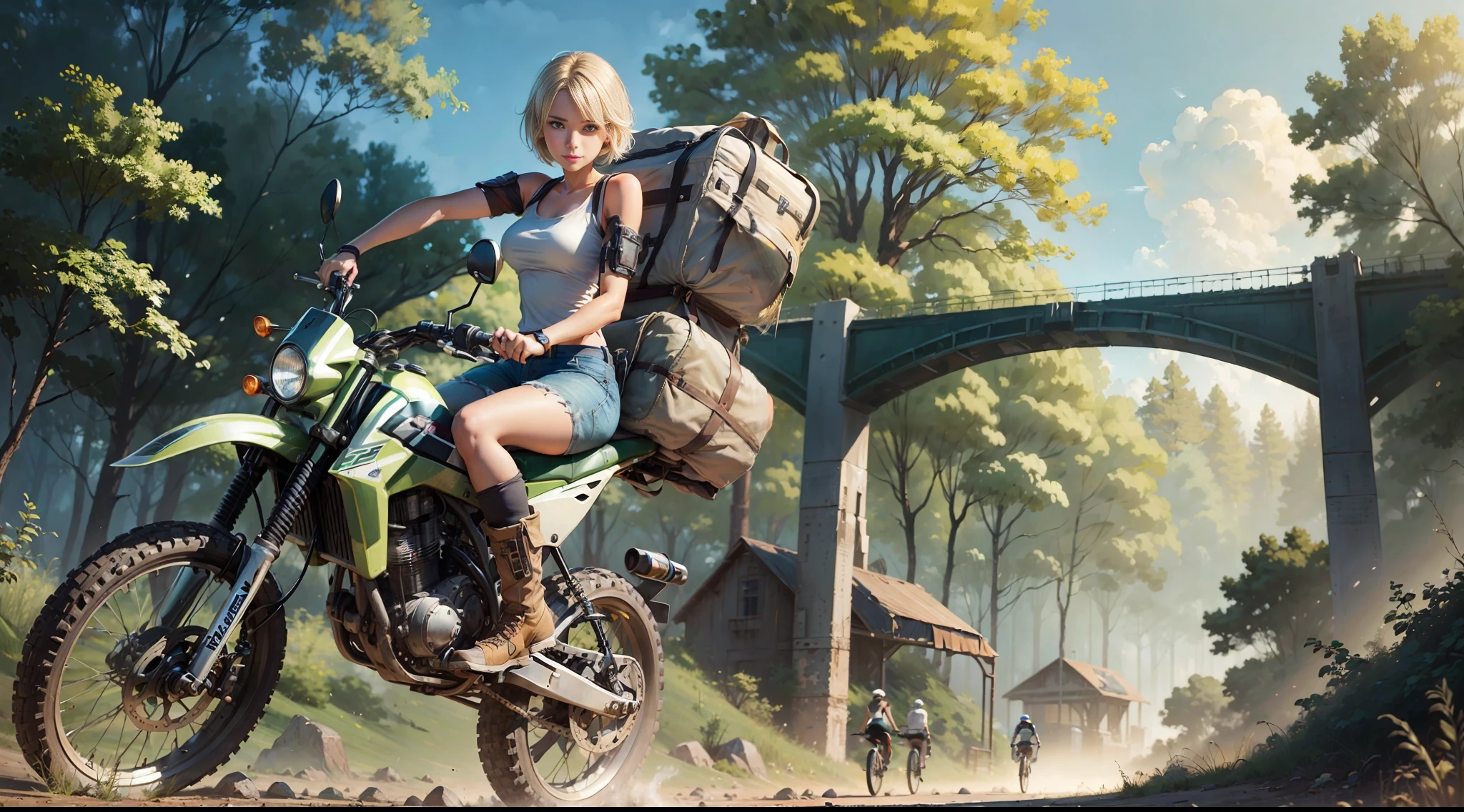 ((((masterpiece)))), high quality, very_high_resolution, large_filesize, full color, steam punk featuring a futuristic planet,
in a distant forest, bustling alien markets, and an off-road bike. The protagonist is a stunning upper body girl 1 person blonde short bob silver smile, mechanized arms. wearing a white tank top, distressed denim shorts, engineer boots, and riding the off-road bike.  beauty,