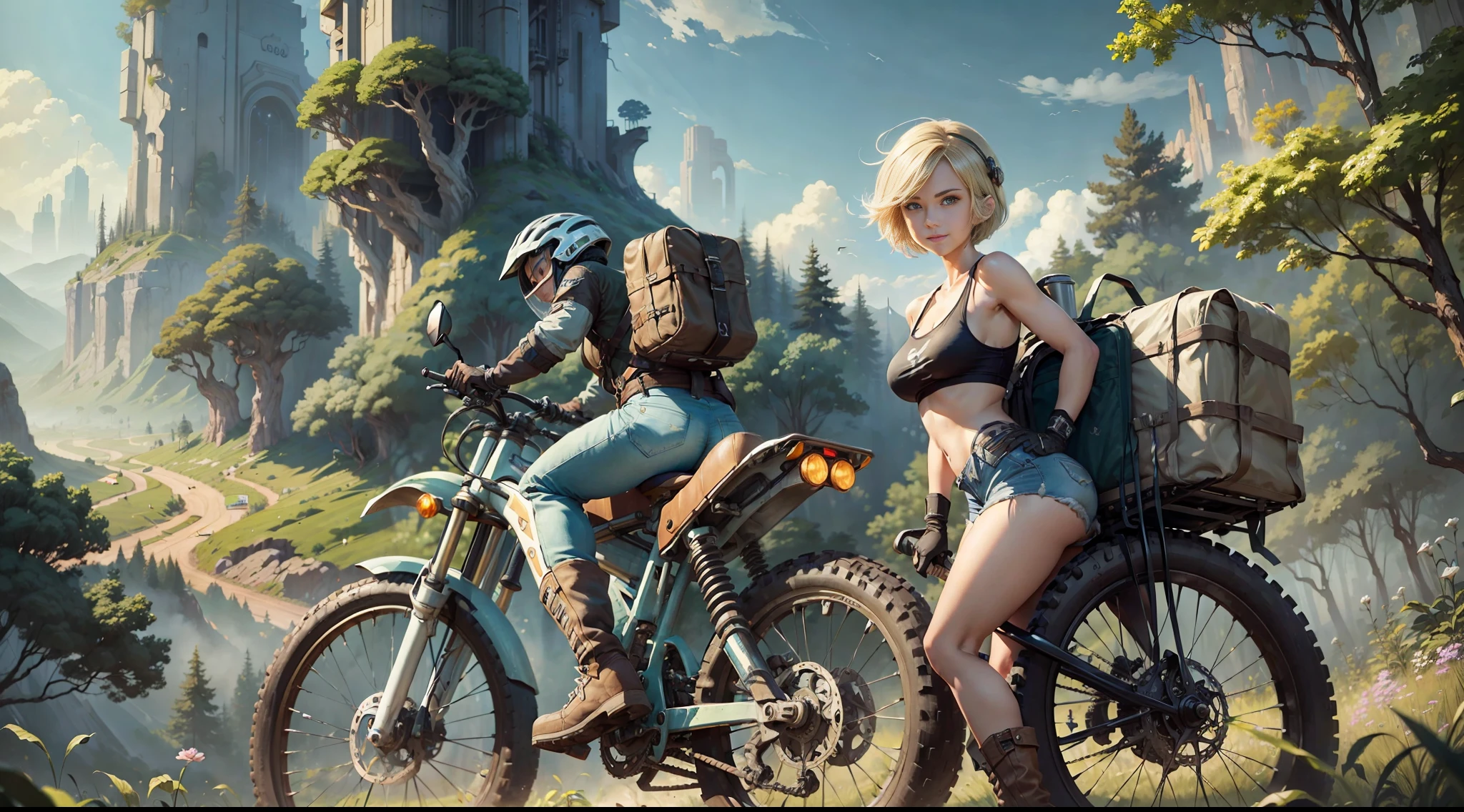 ((((masterpiece)))), high quality, very_high_resolution, large_filesize, full color, steam punk featuring a futuristic planet,
in a distant forest, bustling alien markets, and an off-road bike. The protagonist is a stunning upper body girl 1 person blonde short bob silver smile, mechanized arms. wearing a white tank top, distressed denim shorts, engineer boots, and riding the off-road bike. beauty,