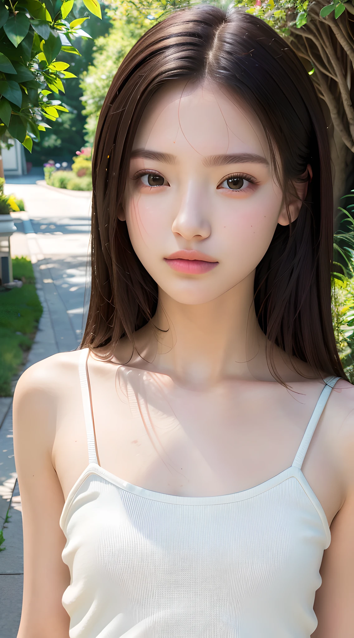 (masterpiece, best quality, pretty girl, beautiful face, 8k, raw photo, absurdres, upper body:1.3), light color camisole, side shot, looking at viewer, high school student, teen, slender, small head, medium breasts, street, facelight, cinematic lighting, sunlight, no makeup, natural, film grain, chromatic aberration, photorealistic, highres, ultra detailed, finely detail, sharp focus, detailed skin and eyes and face