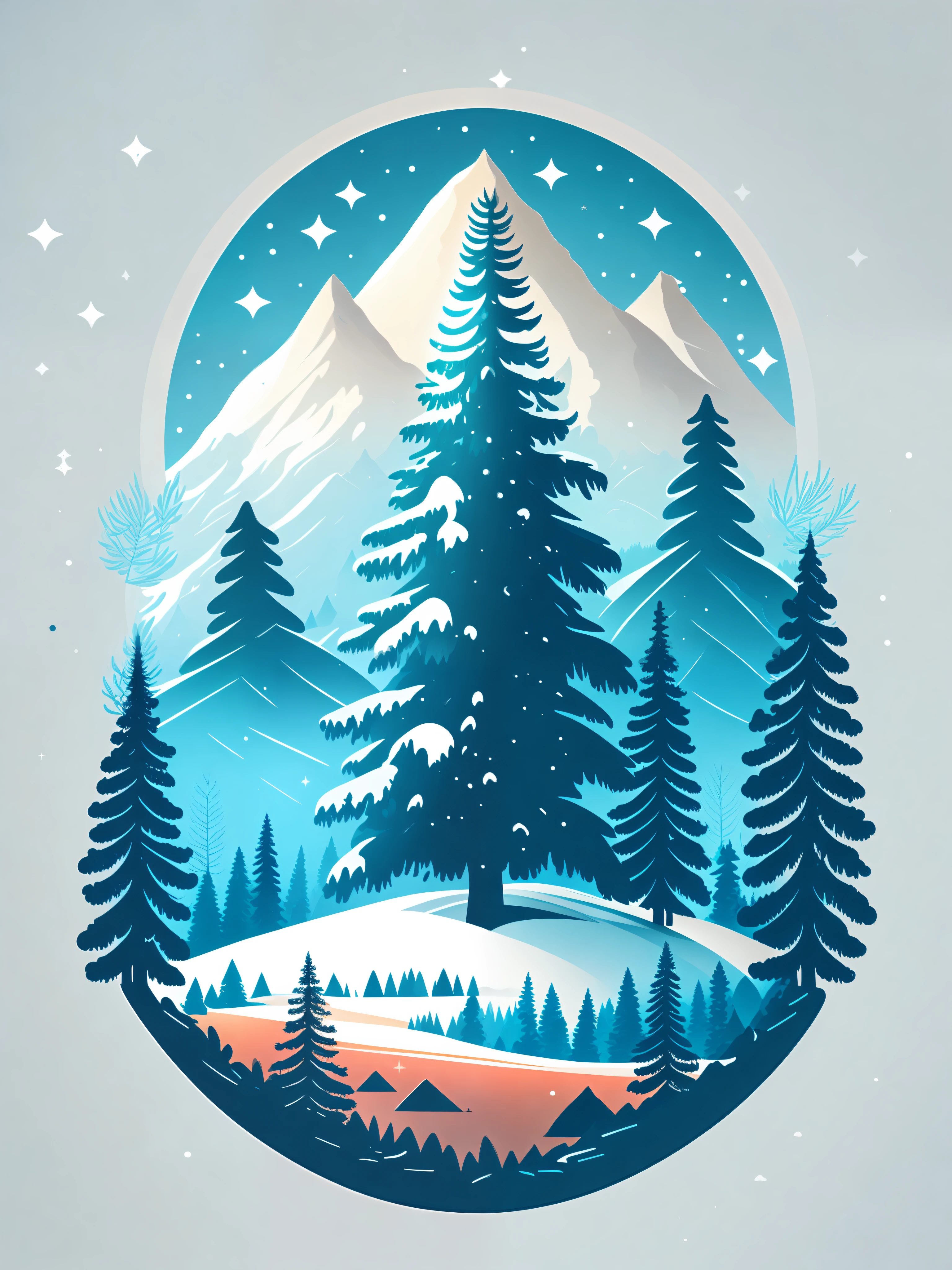 A spruce tree in a winter landscape, t-shirt design, rzminjourney, vector art