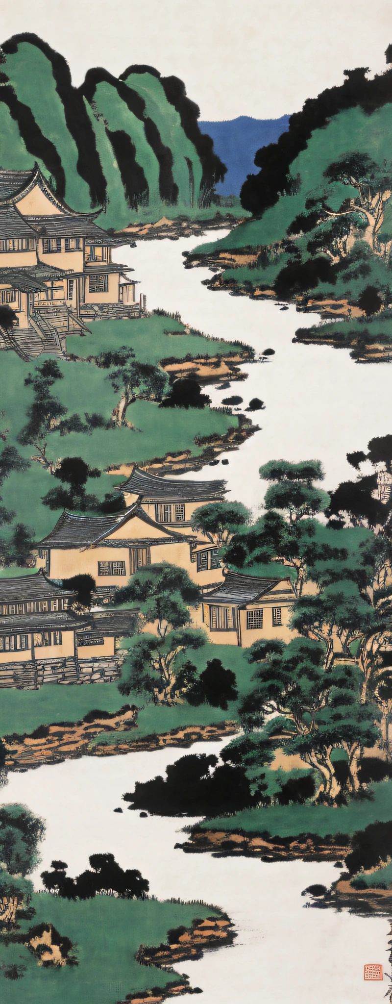 painting of a cabin in a valley with a river running through it, by Gigadō Ashiyuki, by Tōshi Yoshida, by Unkoku Togan, by Gusukuma Seihō, inspired by Katsushika Ōi, by Chizuko Yoshida, by Ryūsei Kishida