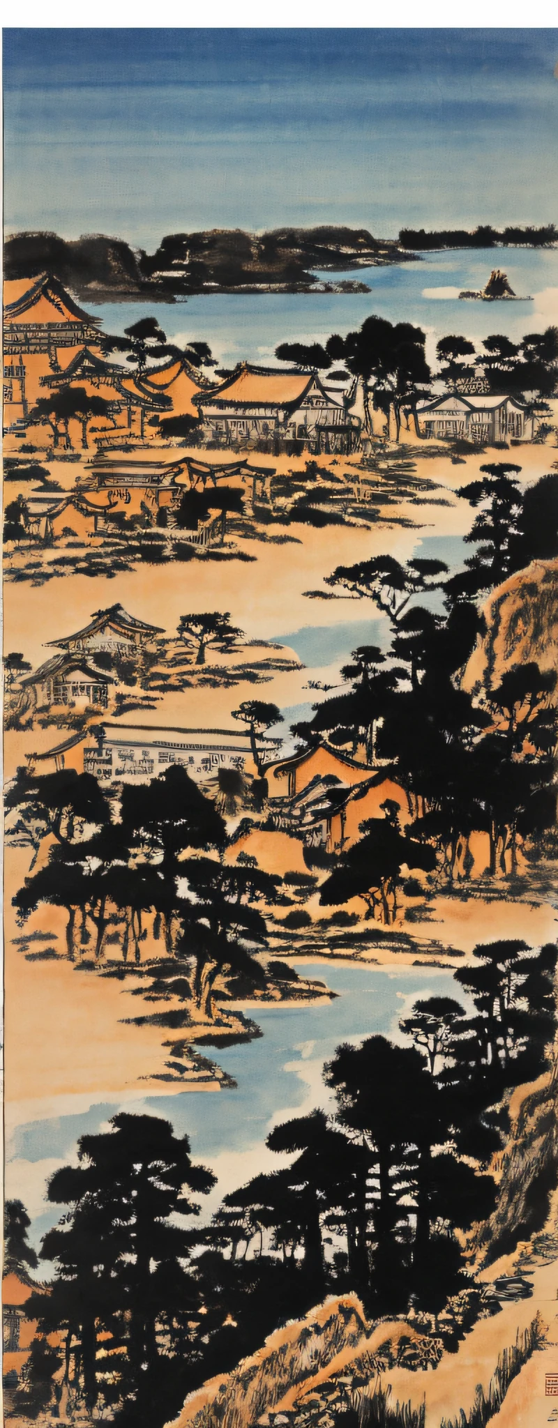 painting of a cabin in a valley with a river running through it, by Gigadō Ashiyuki, by Tōshi Yoshida, by Unkoku Togan, by Gusukuma Seihō, inspired by Katsushika Ōi, by Chizuko Yoshida, by Ryūsei Kishida