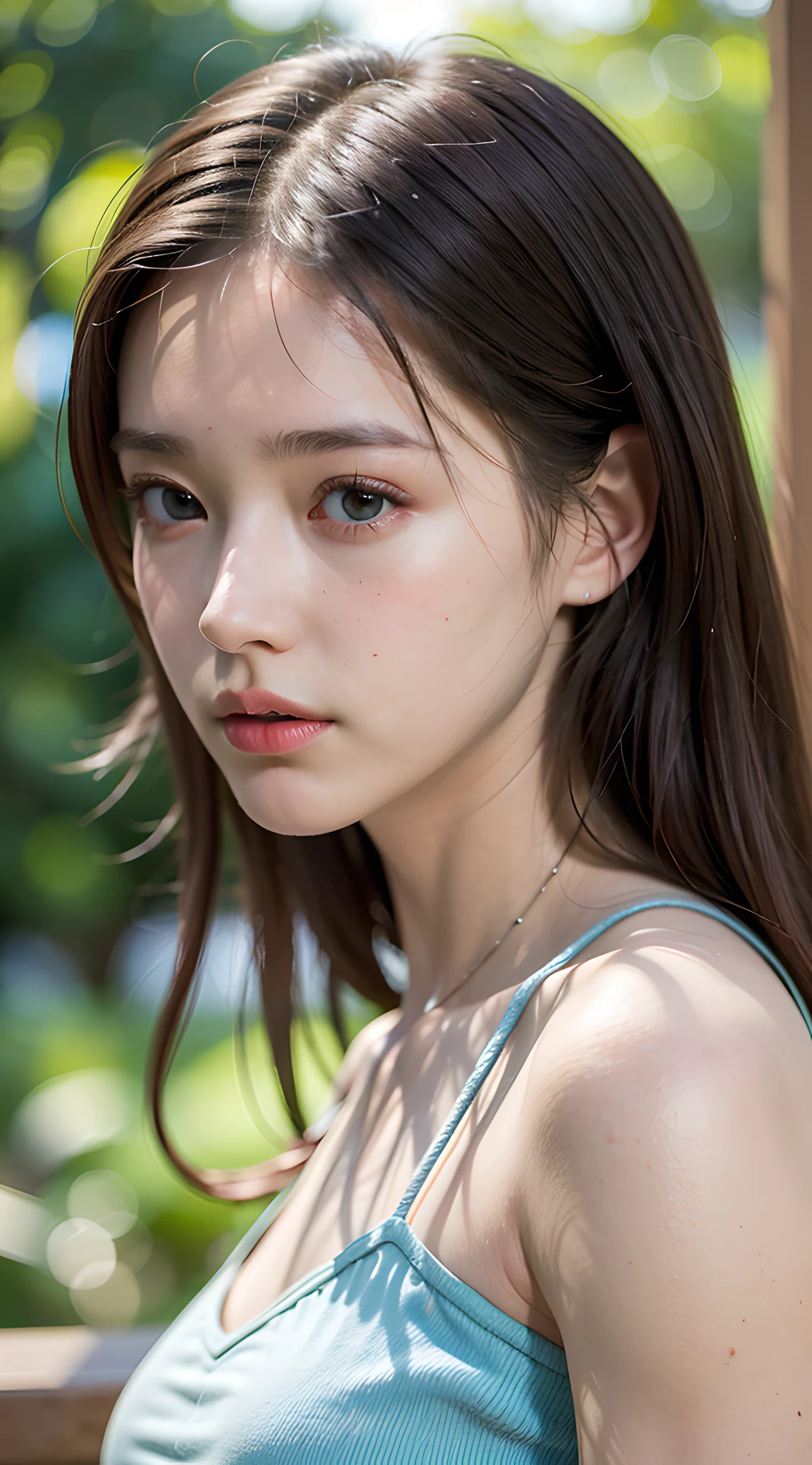 (masterpiece, best quality, pretty girl, beautiful face, 8k, raw photo, absurdres, upper body:1.3), light color camisole, side shot, looking at viewer, high school student, , slender, small head, medium breasts, street, facelight, cinematic lighting, sunlight, no makeup, natural, film grain, chromatic aberration, photorealistic, highres, ultra detailed, finely detail, sharp focus, detailed skin and eyes and face