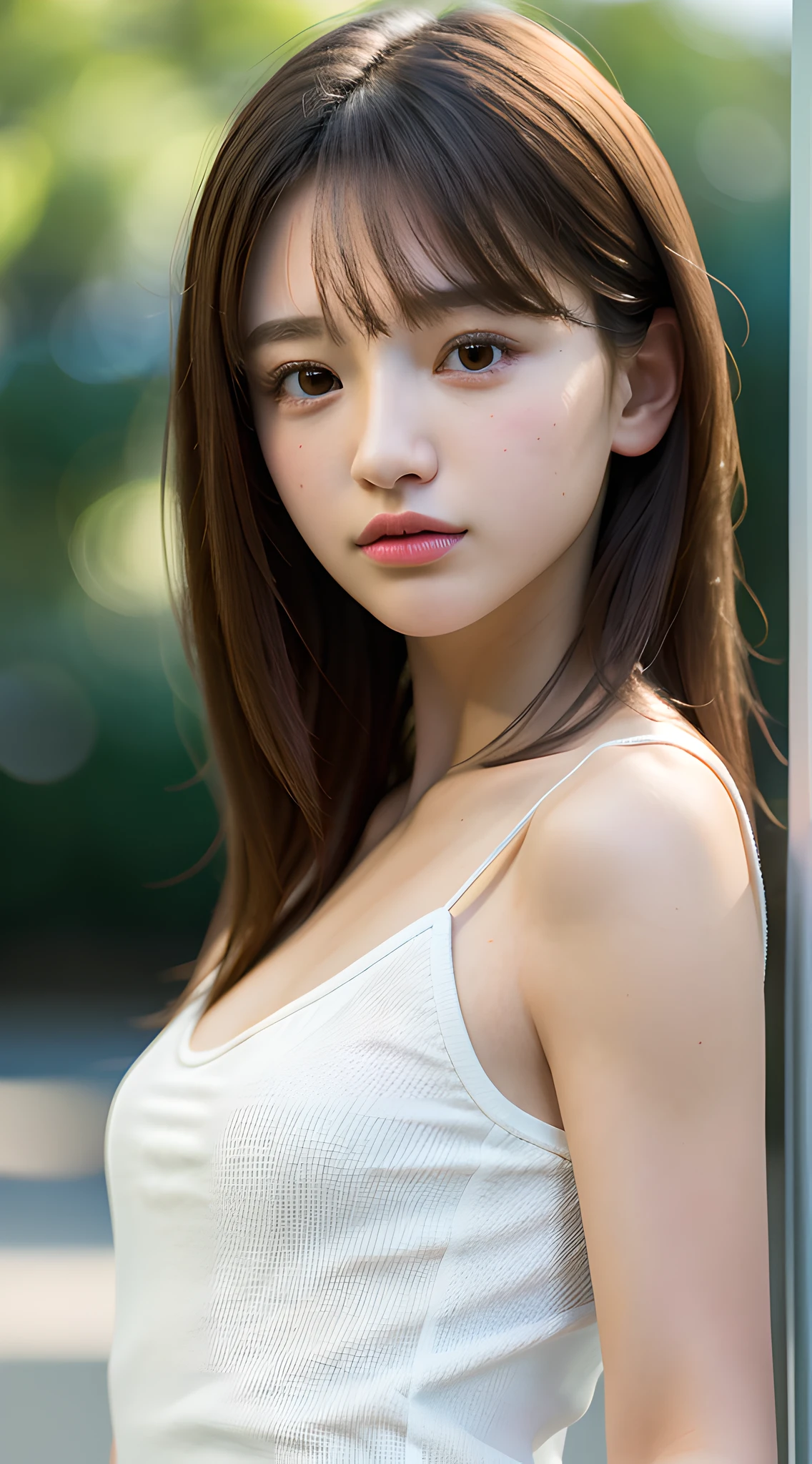 (masterpiece, best quality, pretty girl, beautiful face, 8k, raw photo, absurdres, upper body:1.3), light color camisole, side shot, looking at viewer, high school student, teen, slender, small head, medium breasts, street, facelight, (dynamic lighting, dramatic lighting, cinematic lighting:1.2), sunlight, no makeup, natural, film grain, chromatic aberration, photorealistic, highres, ultra detailed, finely detail, sharp focus, detailed skin and eyes and face