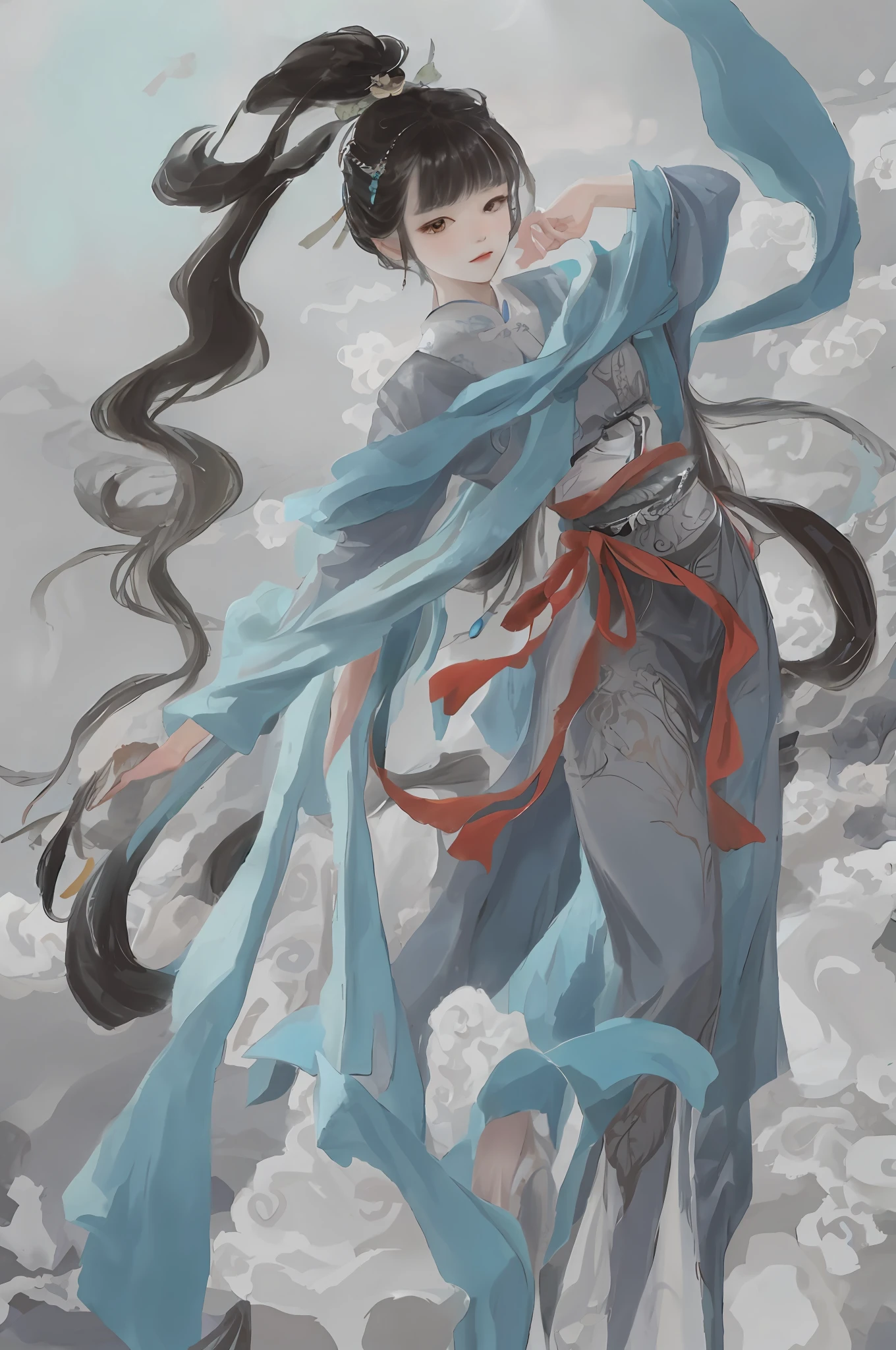 An ancient Chinese beauty sitting on a stone, wearing ancient Chinese clothing, flowing tulle, light silk, lazy posture, large lotus leaf, lotus, ink painting style, clean color, decisive cutting, blank, freehand, masterpiece, super detailed, epic composition, high quality, the highest quality, 4k --v 6