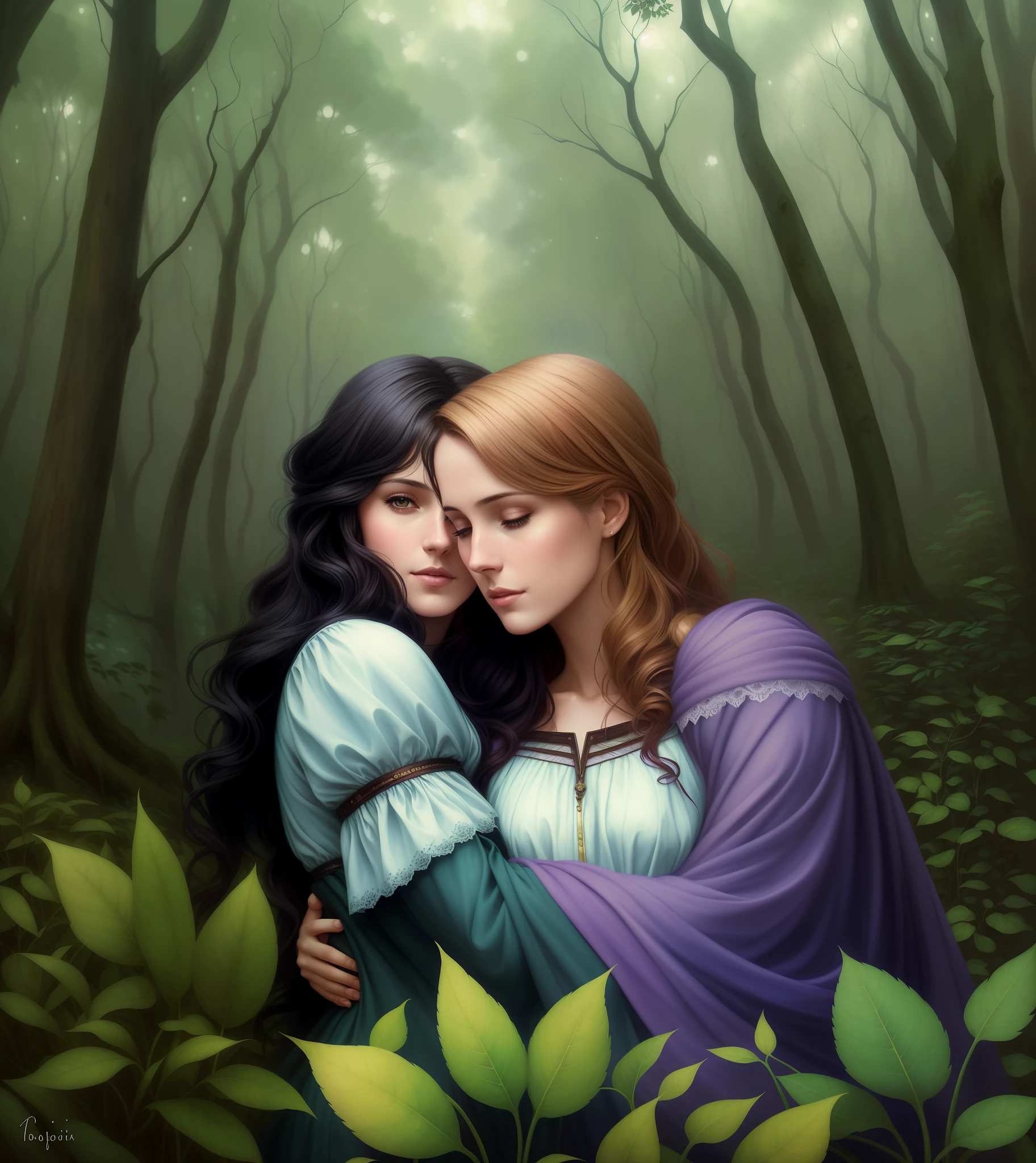 there are two women that are hugging in the woods, magali villeneuve and monet, in the art style of bowater, romance novel cover, charlie bowater and tom bagshaw, charlie bowater and artgeem, magali villeneuve', art cover illustration, young adult fantasy novel cover, realistic fantasy illustration, lesbian art, a beautiful artwork illustration