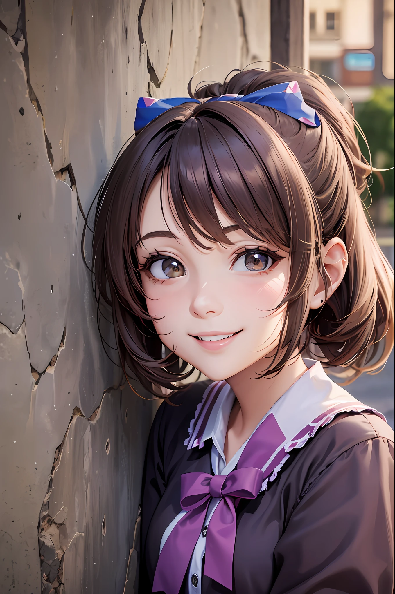 27 year old woman, petite woman, female, smile, smiling, has a big cute bow in her hair, 1woman, best quality, outdoor, high definition, beautiful,, deep throat, stuck in the wall, no extra limbs, no extra legs, no extra arms and hands