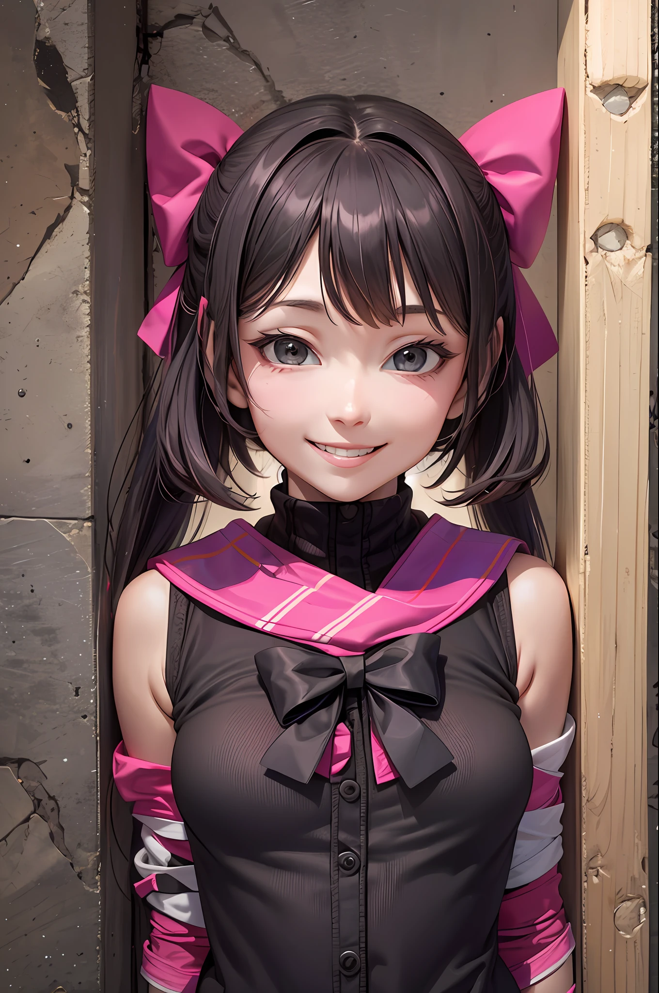 27 year old woman, petite woman, female, smile, smiling, has a big cute bow in her hair, 1woman, best quality, outdoor, high definition, beautiful,, deep throat, stuck in the wall, no extra limbs, no extra legs, no extra arms and hands