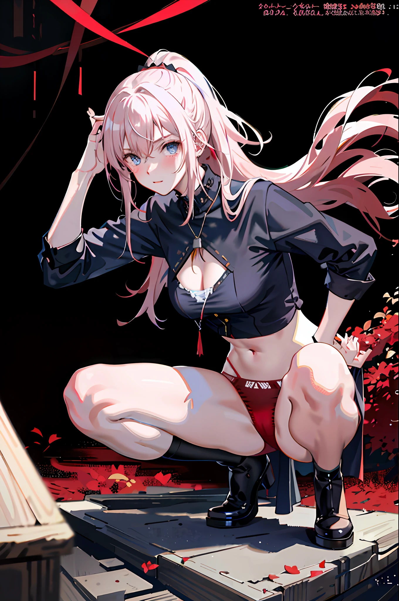 Frontal focus, 1girl, blushing, wearing red panties, wearing red underwear, squatting on the ground, thighs open to reveal red panties, tightened by panties, bag, bangs, berries, white hair, high ponytail, blue eyes, hair between eyes, jewelry, leaves, looking at the audience, female focus, necklace, solo, watch, watch, messy hair, trends on artstation, 8k resolution, very detailed, anatomically correct, clear images, digital painting, concept art, Fashion trends on pixiv, Makoto Shinkai's style,