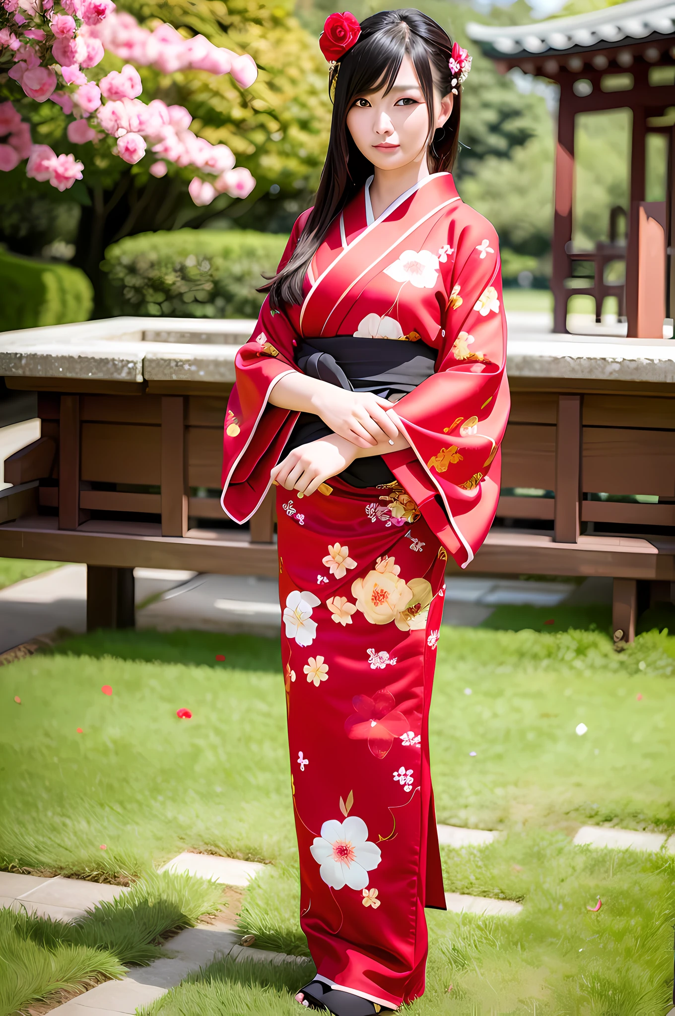 Top quality, ultra high resolution, (photorealistic: 1.4), one Japan woman, elegant girl in gorgeous red flower kimono and hair flowers, 21 year old girl, temple background, looking at the viewer, facing the front, wide angle, full body, ulzzang-6500-v1.1