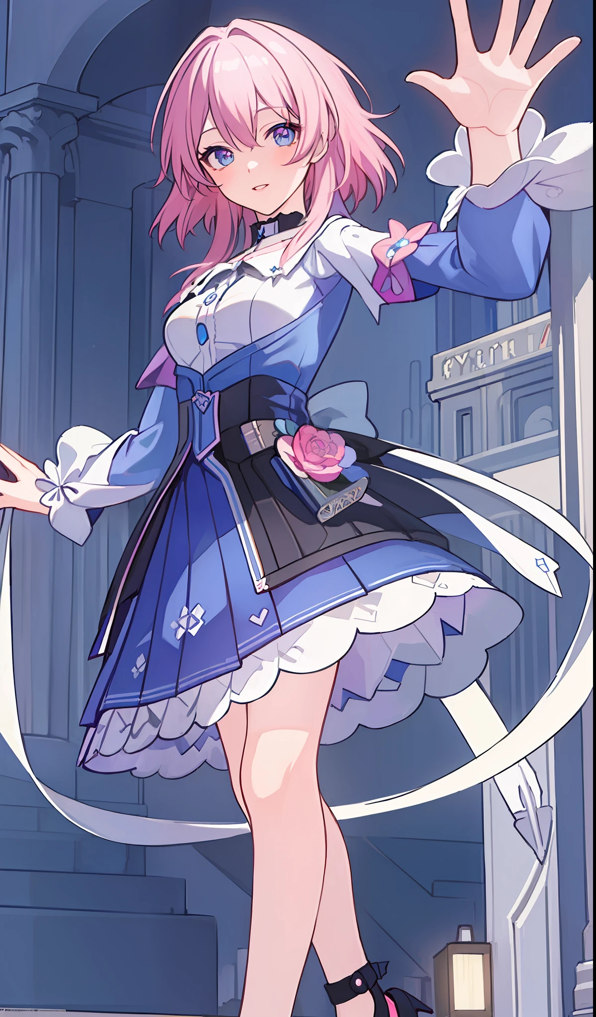 (((Masterpiece)))), (((Best Quality)))), ((Very Detailed)))), Detailed Fingers, Illustration, 1 Girl, Solo, Pink Hair, Blue Eyes, White Long-Sleeved Shirt, Black Skirt, Black Shoes, March, Dynamic Pose