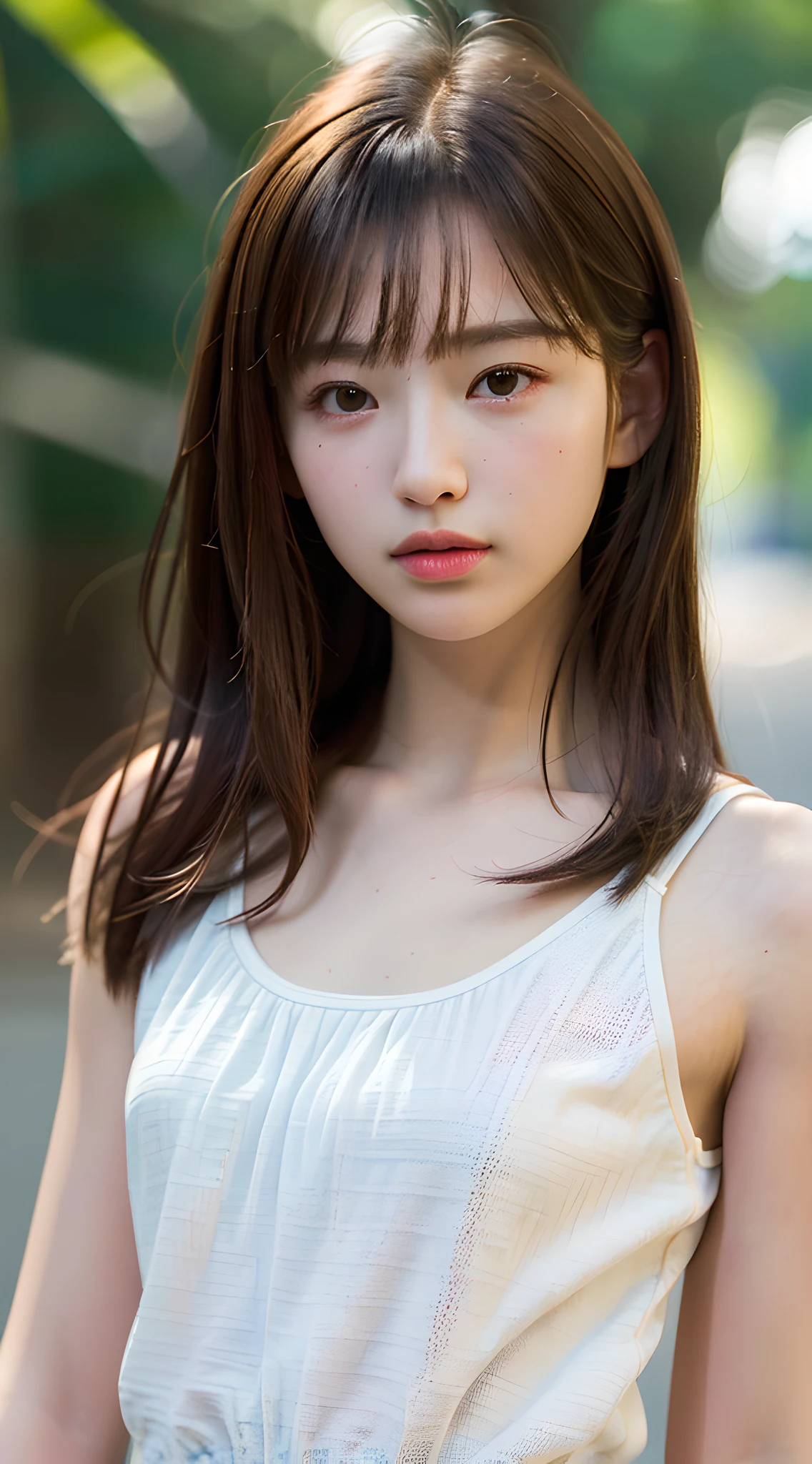 (masterpiece, best quality, pretty girl, beautiful face, 8k, raw photo, 85mm, absurdres, upper body:1.4), light pink camisole, side shot, looking at viewer, high school , teen, ser, small head, medium breasts, street, facelight, (dynamic lighting, dramatic lighting and shadow, cinematic lighting:1.3), sunlight, no makeup, natural, film grain, chromatic aberration, high contrast, photorealistic, depth of field, highres, ultra detailed, finely detail, sharp focus, detailed skin and eyes and face