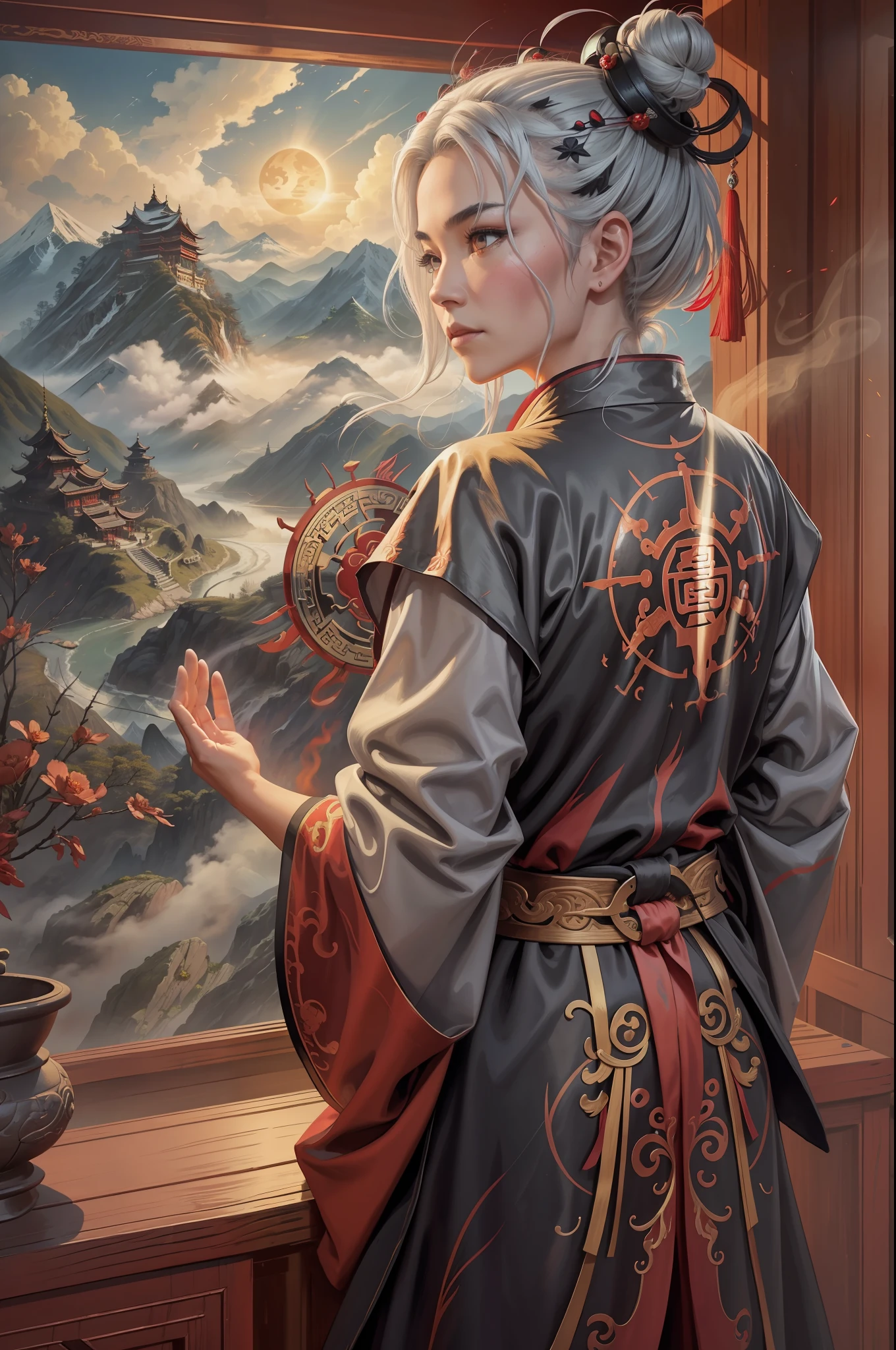 A female Taoist priest in a red and black robe, Avalokitesvara, The back of the hand is behind the back, There is the Holy Light behind it, Behind the Taoist priest is a Chinese dragon, The background is mountains, There was a thick fog, river, black hair, white hair, silver hair, hair bun, short hair, lonely, Surrealism, atmospheric perspective, caustics, close-up, cowboy shot, high details, high quality, masterpiece, anatomically correct