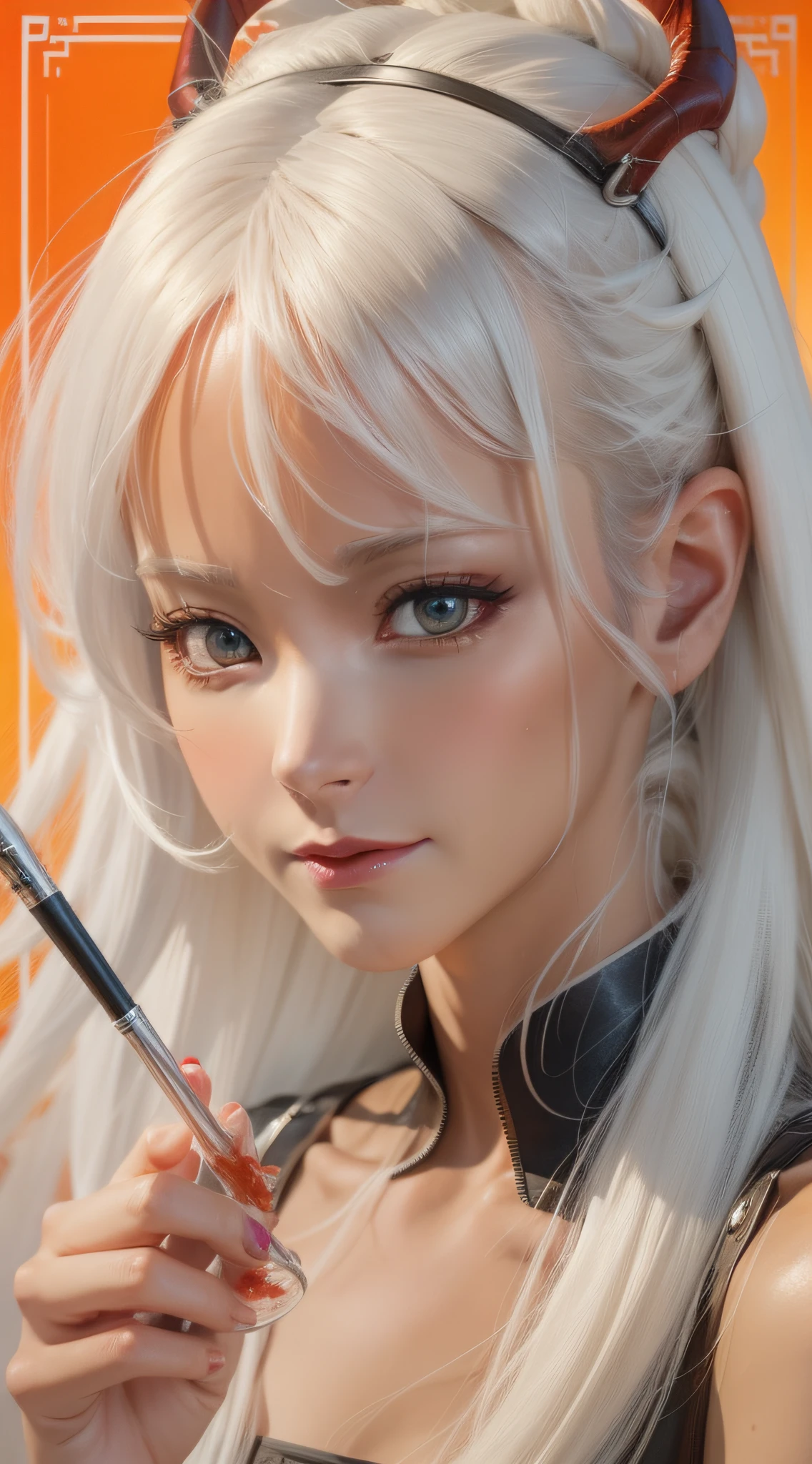 There is a woman with white hair drinking, sideways face, full body portrait, orange background, devil figure, Rose 1. 0, Roslav portrait, Guwiz style artwork, anime realism style, realistic art style, Loish art style, digital anime illustration, roslav digital painting, rosrush 2.0, detailed painting 4 K, detailed digital animation art, realistic anime art style