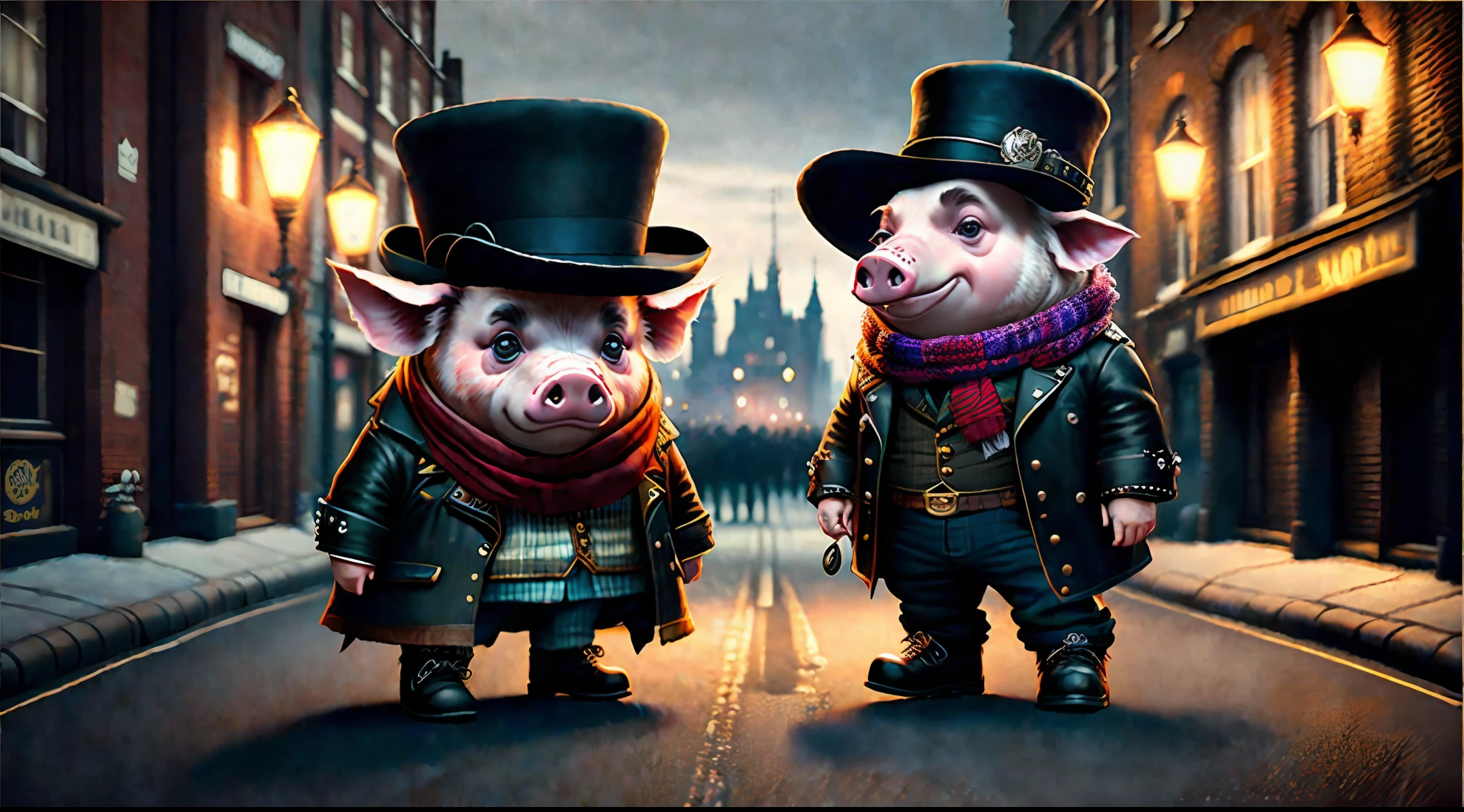 Stills of pig in hat and scarf, dramatic expression, low angle shooting, ultra-wide angle, full body, punk clothes, London street, ultra-realistic detailed rendering, British gang members, urban style, cinematic lighting, good-looking lighting, storytelling, cinematic sense, carriage, West Slavic features, 8 1 5