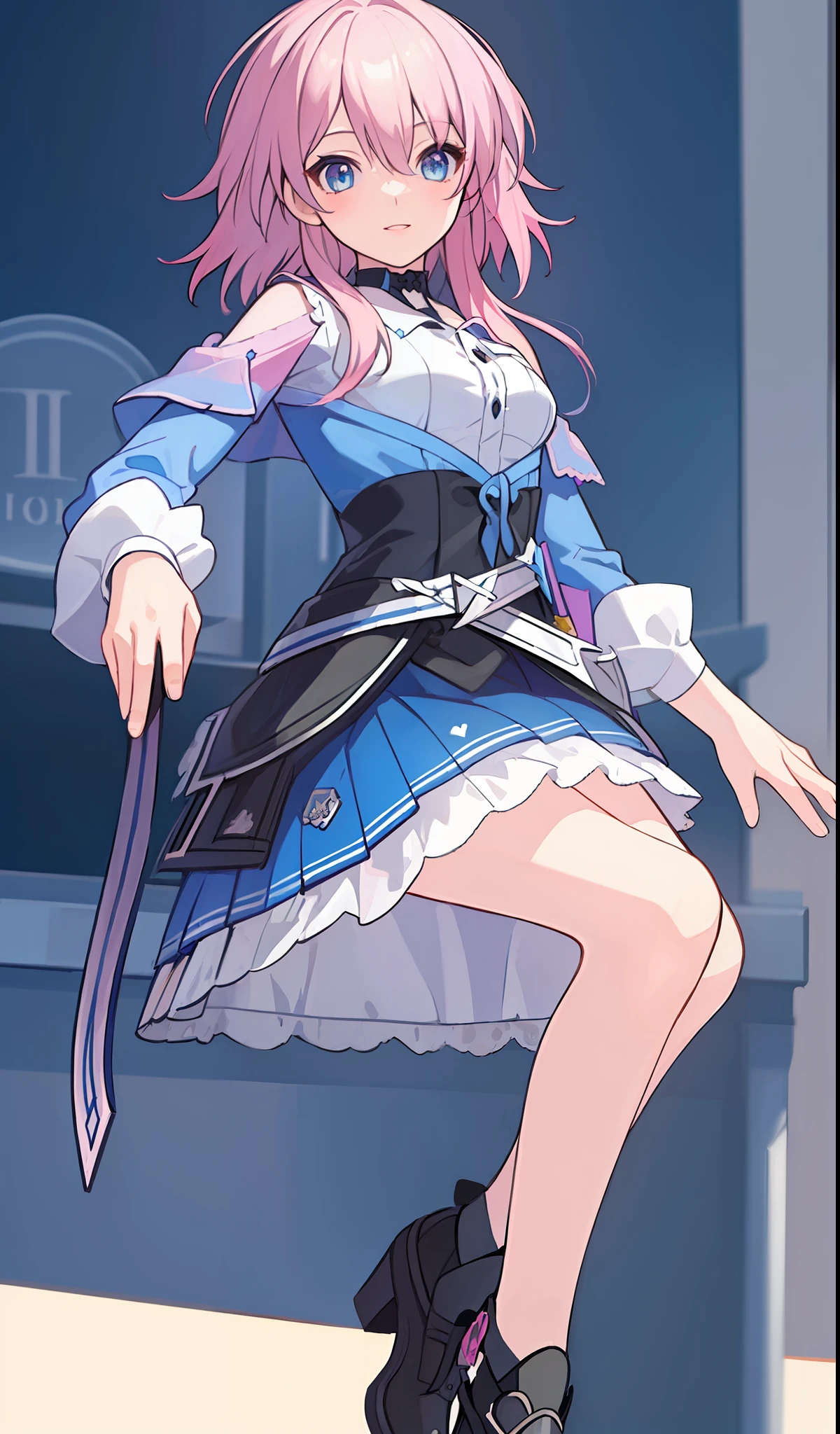 (((Masterpiece)))), (((Best Quality)))), ((Very Detailed)))), Detailed Fingers, Illustration, 1 Girl, Solo, Pink Hair, Blue Eyes, White Long-Sleeved Shirt, Black Skirt, Black Shoes, March, Dynamic Pose
