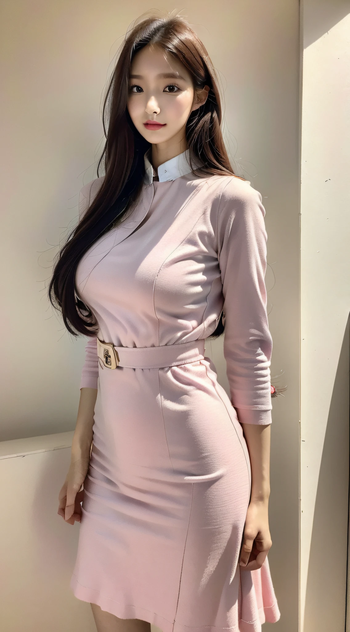 Korean women, goddess, long hair, delicate skin texture and cloth texture, delicate eyes, long eyelashes, double eyelids, upper body, hotel, 8k, highest image quality, masterpiece, super high resolution: 1.2, beautiful female photo with theme of girly elegant style, alafi in dress, college style dress, cashmere fabric, preppy style, stewardess outfit, femininization in cute pastel tones, femininization in soft tones, wearing smooth dresses, pastel tones, pastel colors, light clothing, pastel tones, pastel clothing, Korean female fashion model, pastel style, multi-layered clothing, wearing elegant clothing, soft and cute colors