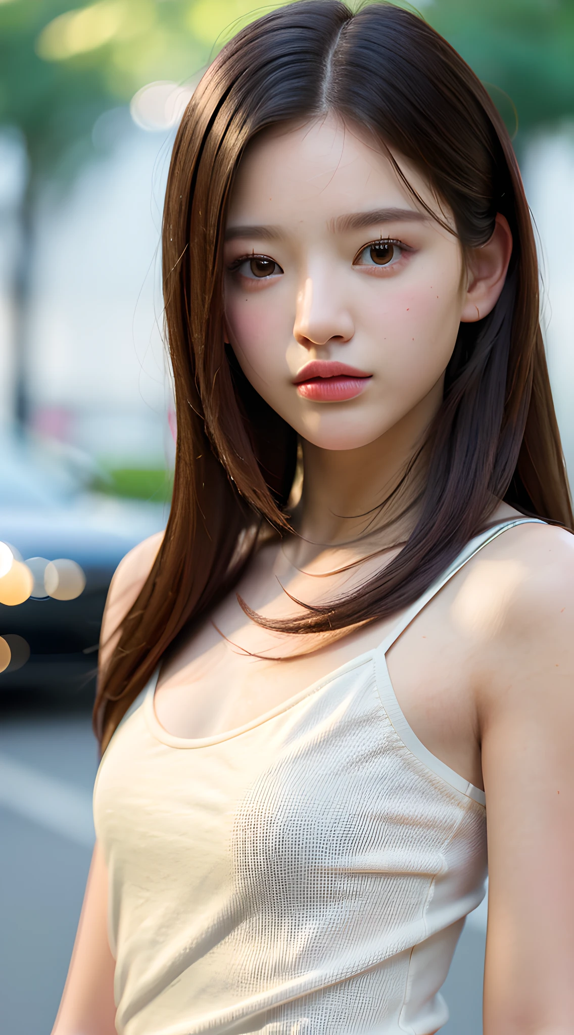 (masterpiece, best quality, pretty girl, beautiful face, 8k, raw photo, 85mm, absurdres, upper body:1.4), light pink camisole, side shot, looking at viewer, high school student, teen, slender, small head, medium breasts, street, facelight, (dynamic lighting, dramatic lighting and shadow, cinematic lighting:1.3), sunlight, no makeup, natural, film grain, chromatic aberration, high contrast, photorealistic, depth of field, highres, ultra detailed, finely detail, sharp focus, detailed skin and eyes and face