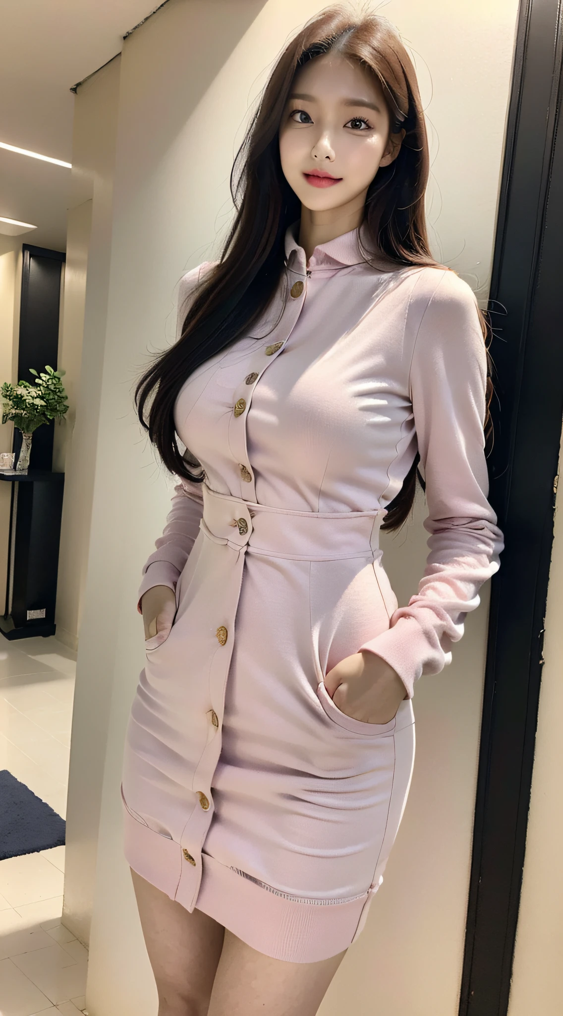 Korean women, goddess, long hair, delicate skin texture and cloth texture, delicate eyes, long eyelashes, double eyelids, upper body, hotel, 8k, highest image quality, masterpiece, super high resolution: 1.2, beautiful female photo with theme of girly elegant style, alafi in dress, college style dress, cashmere fabric, preppy style, stewardess outfit, femininization in cute pastel tones, femininization in soft tones, wearing smooth dresses, pastel tones, pastel colors, light clothing, pastel tones, pastel clothing, Korean female fashion model, pastel style, multi-layered clothing, wearing elegant clothing, soft and cute colors