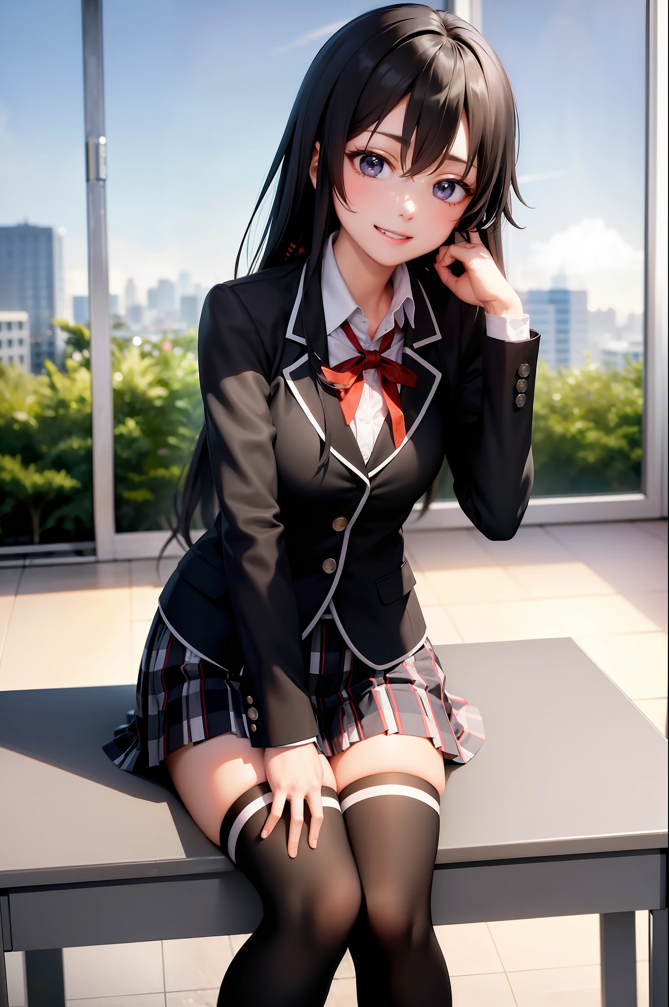 (masterpiece, best quality:1.2), solo, 1girl, yukinoshita yukino, smile, looking at viewer, sitting, school uniform, black jacket, plaid skirt, thighhighs, classroom