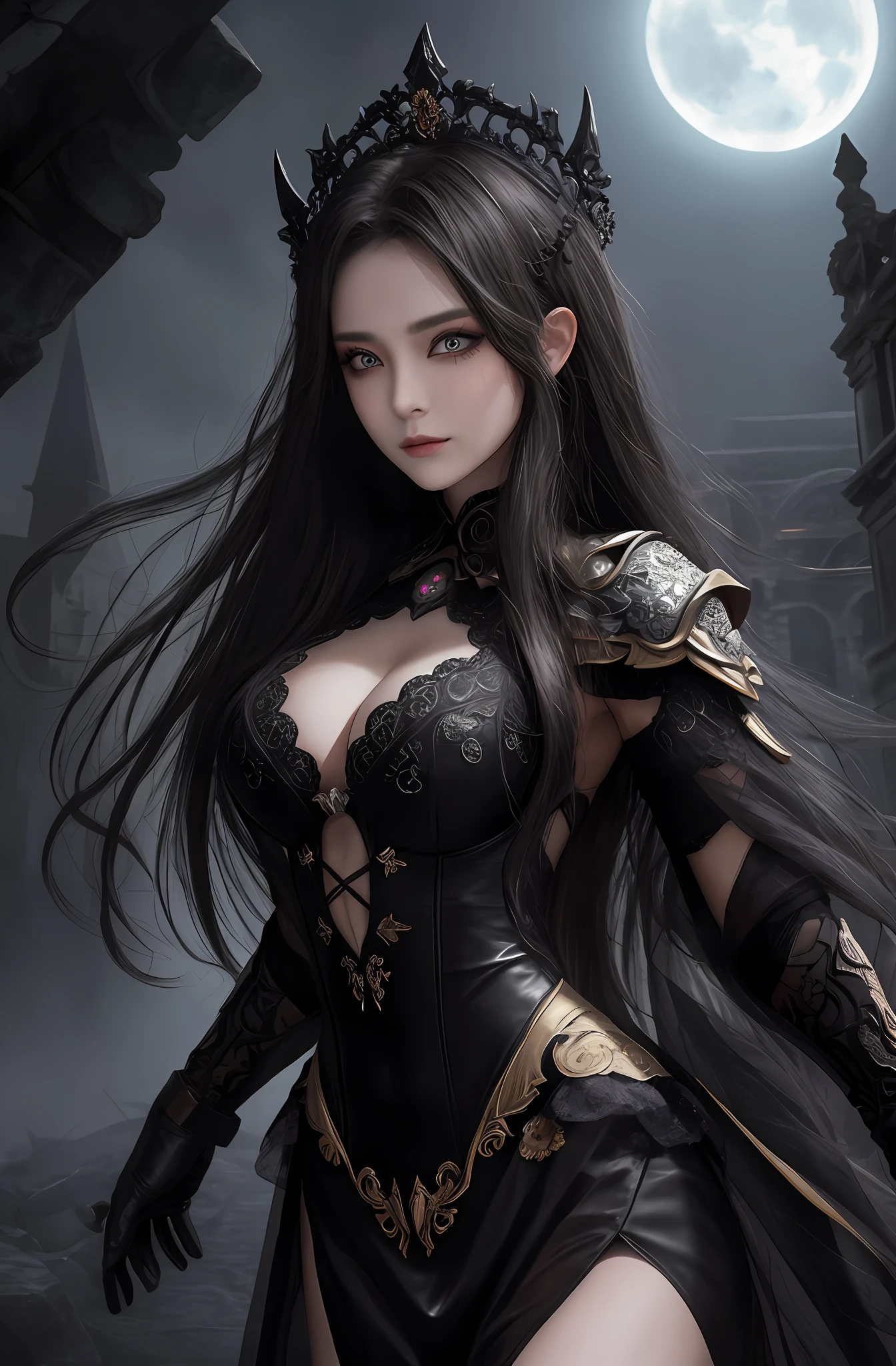 (16k, masterpiece, best quality), ultra-detailed, detailed beautiful round eyes, beautifully detailed face, high quality, high resolution, a female necromancer appeared from the fog with an army of undead, in the darkness of the night, goddess of darkness, undead army, straight hair, evil, an evil face, undead background, big breast, mature women, dynamic pose