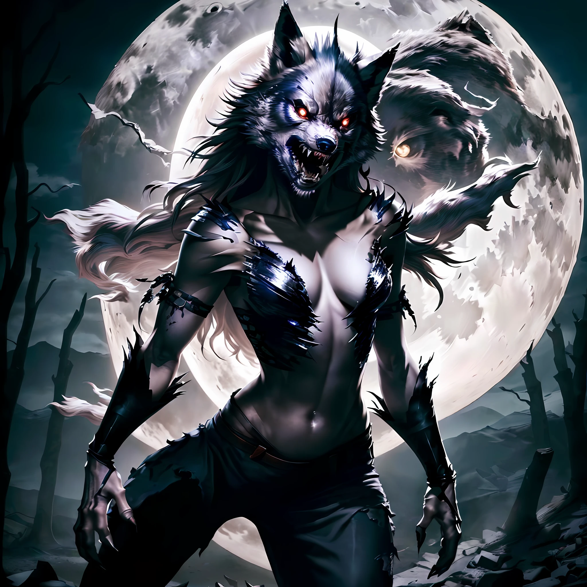 Wolf face, (full moon), woman transformation into (werewolf), torn skin, wolf face, screams, horror, highly detailed digital art, art station, amazing detail (cinematic lighting), drama, darkness, clear focus, very dark lighting, heavy shadows, detailed face (semi-realistic: 1.6), dynamic camera angle (horror), (dark fantasy), split t-bleeding (better lighting), (ultra-complex parts)), (overdetail)), (overdetail)),, Skimpy torn clothes in Ultra-HD format