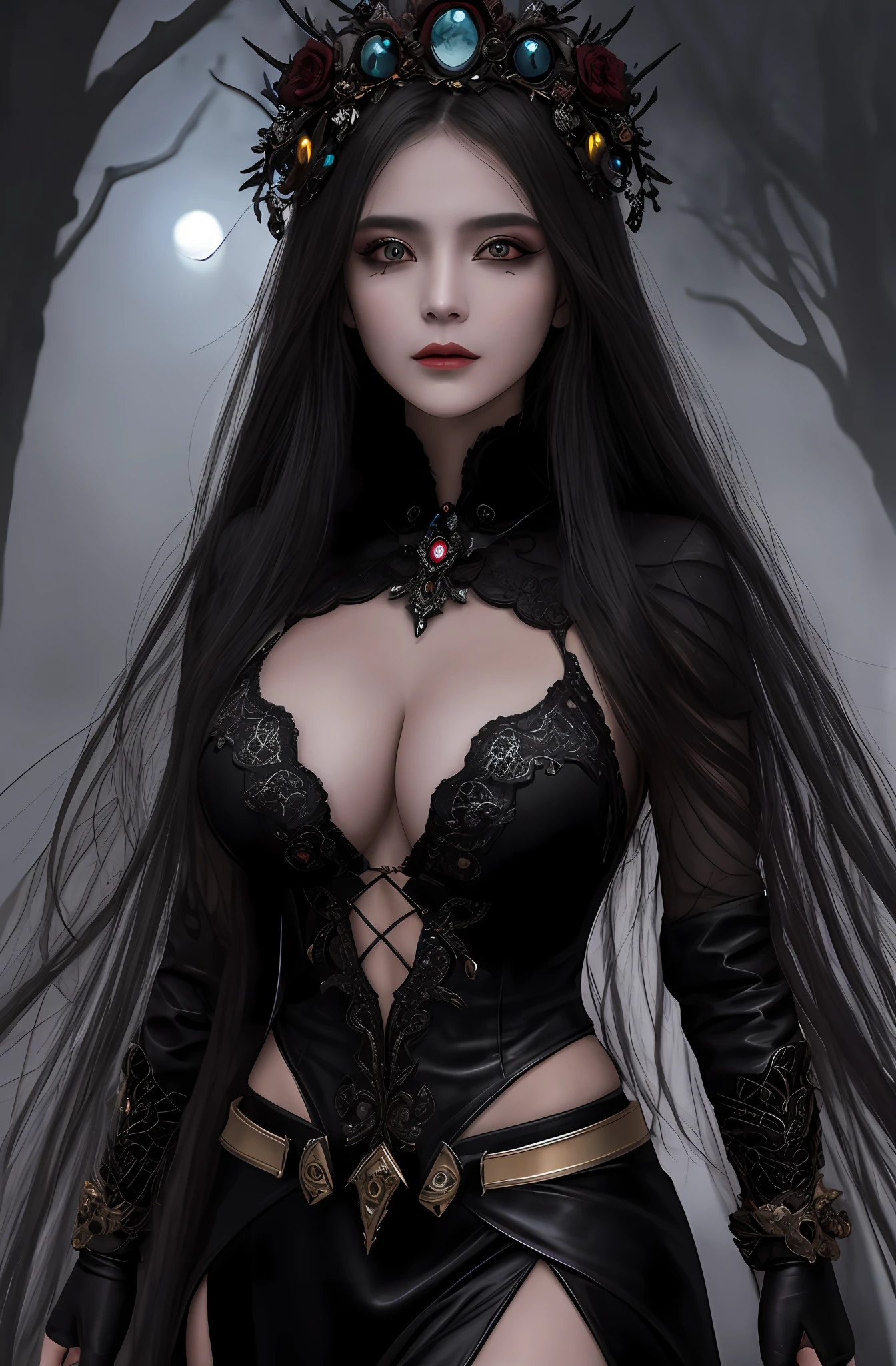 (16k, masterpiece, best quality), ultra-detailed, detailed beautiful round eyes, beautifully detailed face, high quality, high resolution, a female necromancer appeared from the fog with an army of undead, in the darkness of the night, goddess of darkness, undead army, straight hair, evil, an evil face, undead background, big breast, mature women, dynamic pose
