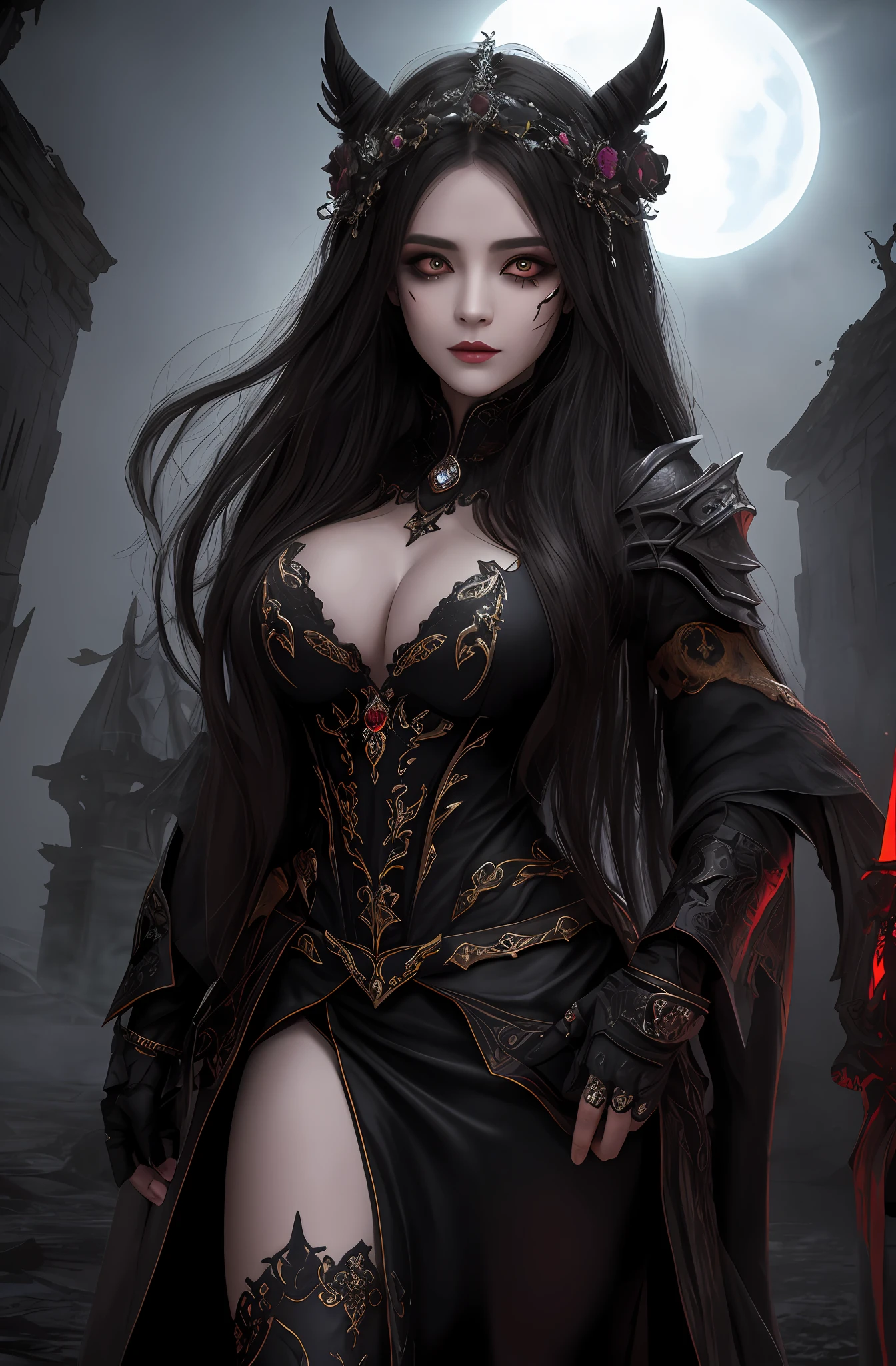 (16k, masterpiece, best quality), ultra-detailed, detailed beautiful round eyes, beautifully detailed face, high quality, high resolution, a female necromancer appeared from the fog with an army of undead, in the darkness of the night, goddess of darkness, undead army, straight hair, evil, an evil face, undead background, big breast, mature women, dynamic pose