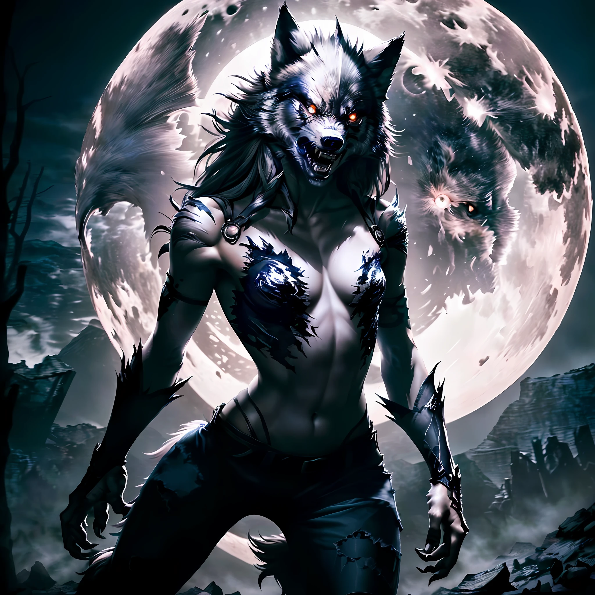 Wolf face, (full moon), woman transformation into (werewolf), torn skin, wolf face, screams, horror, highly detailed digital art, art station, amazing detail (cinematic lighting), drama, darkness, clear focus, very dark lighting, heavy shadows, detailed face (semi-realistic: 1.6), dynamic camera angle (horror), (dark fantasy), split t-bleeding (better lighting), (ultra-complex parts)), (overdetail)), (overdetail)),, Skimpy torn clothes in Ultra-HD format