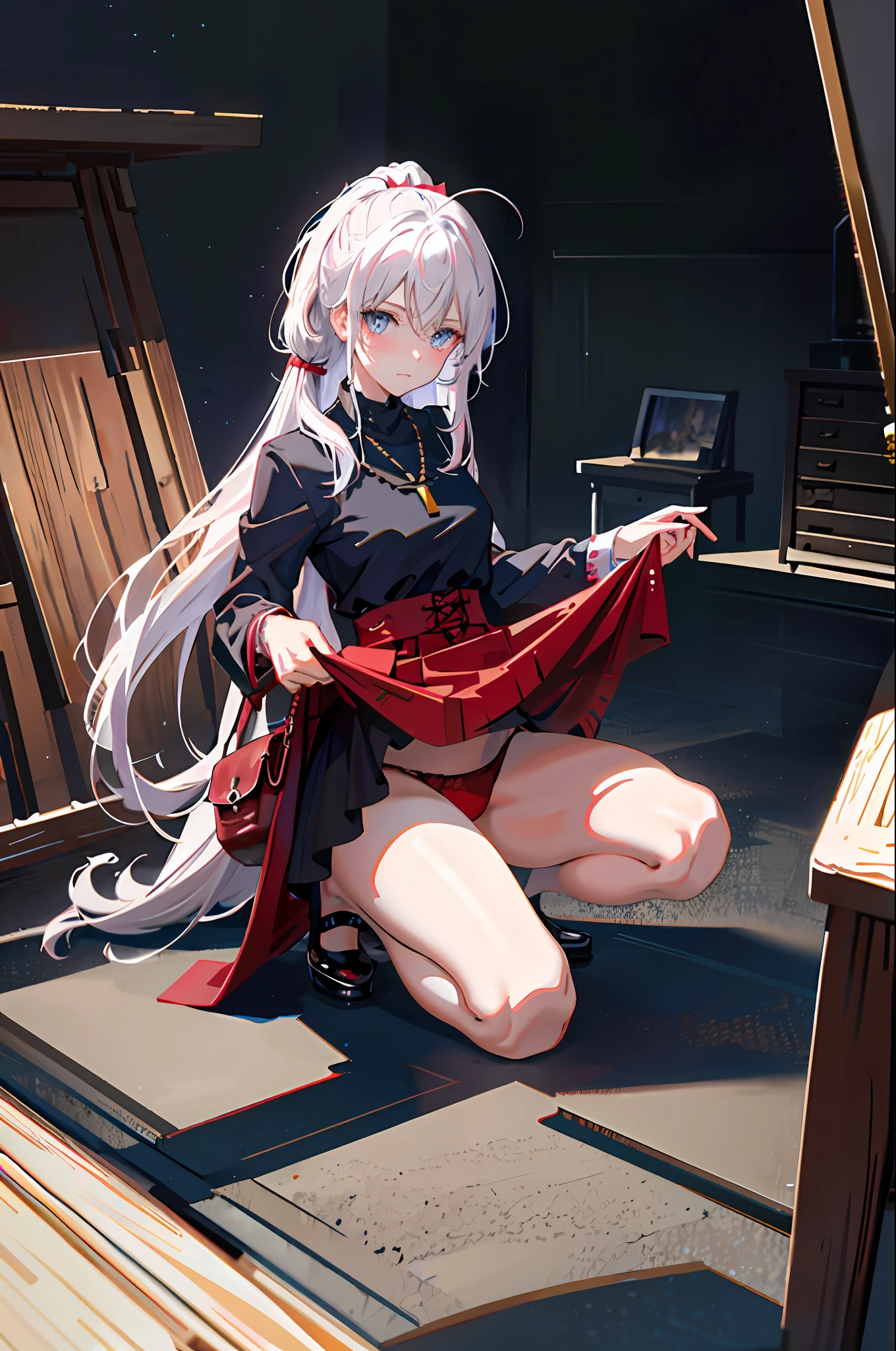 Frontal focus, 1girl, wearing tight underwear, kneeling on the ground, open thighs to reveal red panties, tightened by panties, revealing shy expression, blushing, bag, bangs, berries, white hair, high ponytail, blue eyes, hair between eyes, jewelry, leaves, looking at the audience, female focus, necklace, solo, watch, watch, messy hair, trending on artstation, 8k resolution, very detailed, anatomically correct, clear image, digital painting, concept art, Fashion trends on pixiv, Makoto Shinkai's style,
